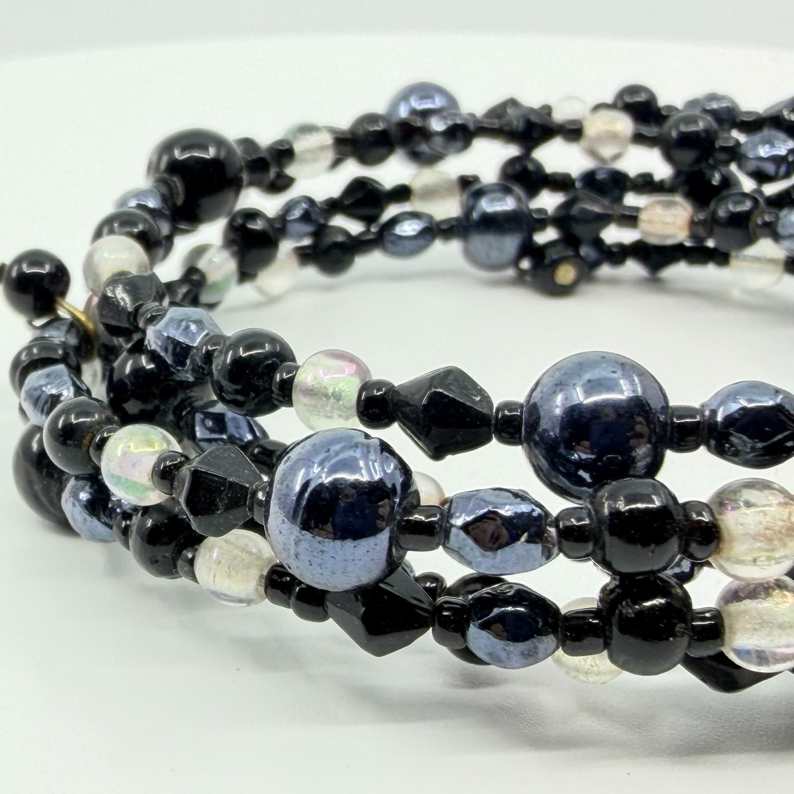 Vintage Y2K Black Gunmetal Clear Beaded Multi Layer Wrap Memory Wire Bracelet - Thumbnail 3