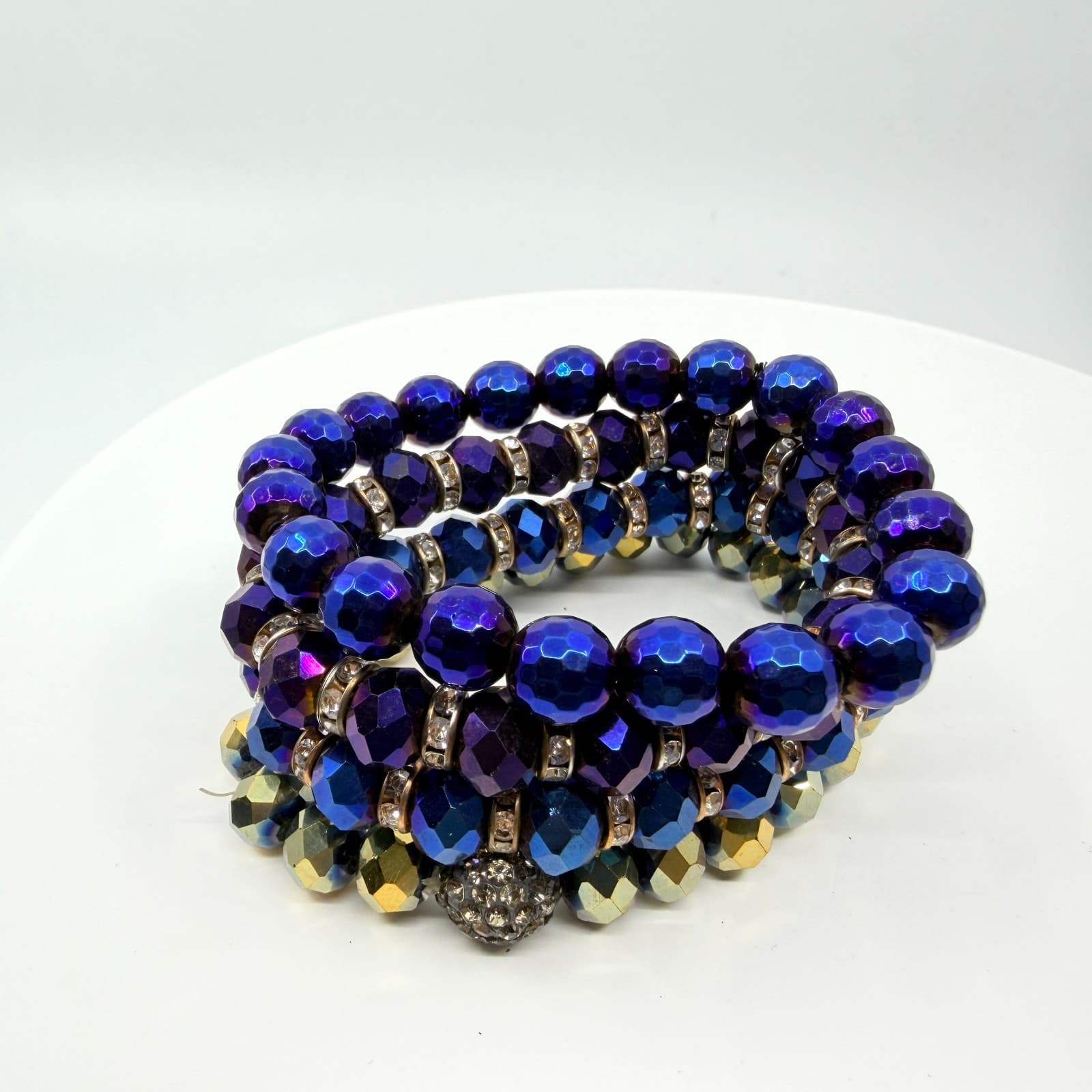 VTG Iridescent Blue Purple Crystal Bead Stretch Bracelet Chandelier Earrings Set - Thumbnail 2