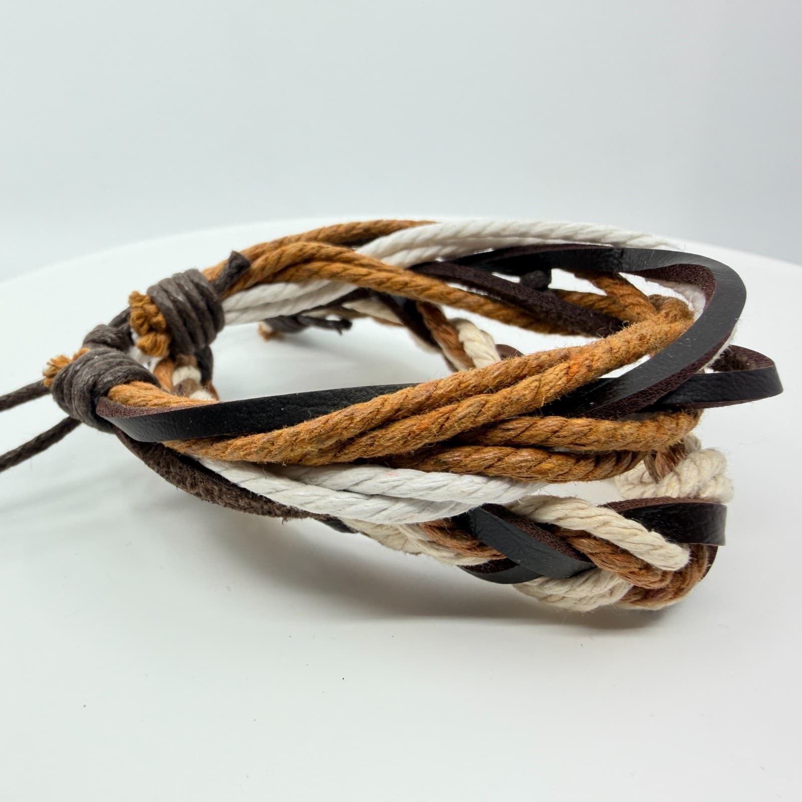 Vintage Boho Multi Strand Leather Rope Bracelet Brown Cream Stacked Unisex Retro - Thumbnail 3