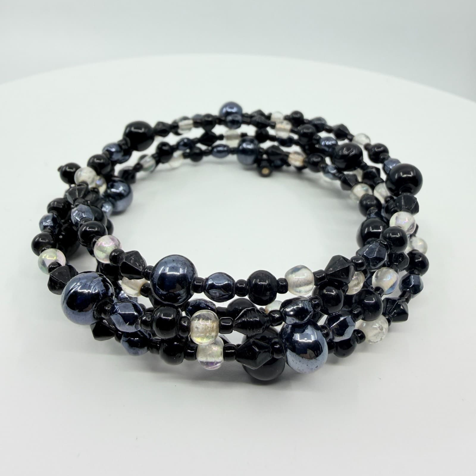 Vintage Y2K Black Gunmetal Clear Beaded Multi Layer Wrap Memory Wire Bracelet - Thumbnail 2