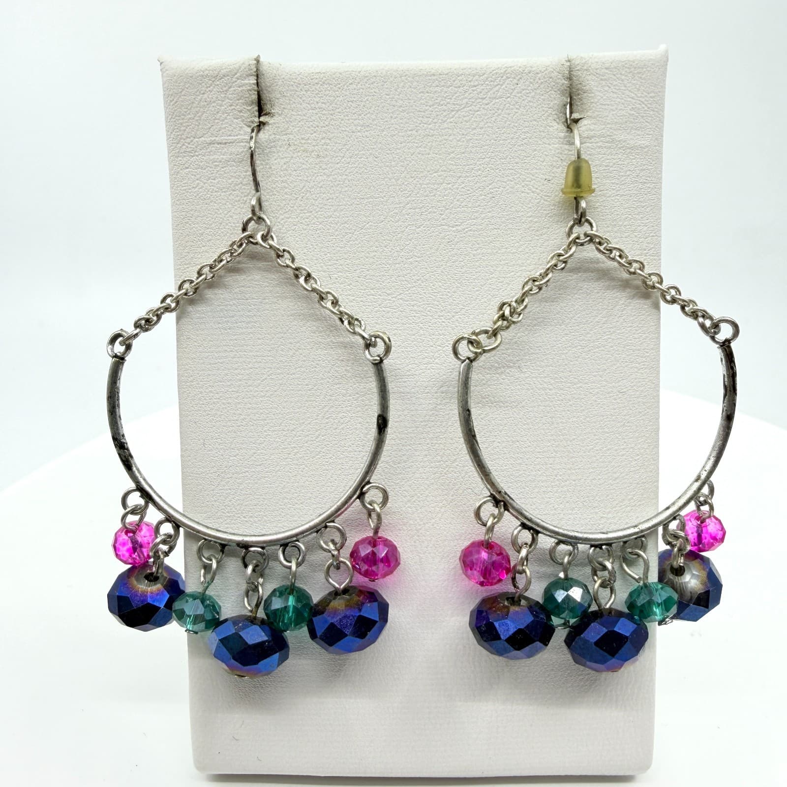 VTG Iridescent Blue Purple Crystal Bead Stretch Bracelet Chandelier Earrings Set - Thumbnail 9