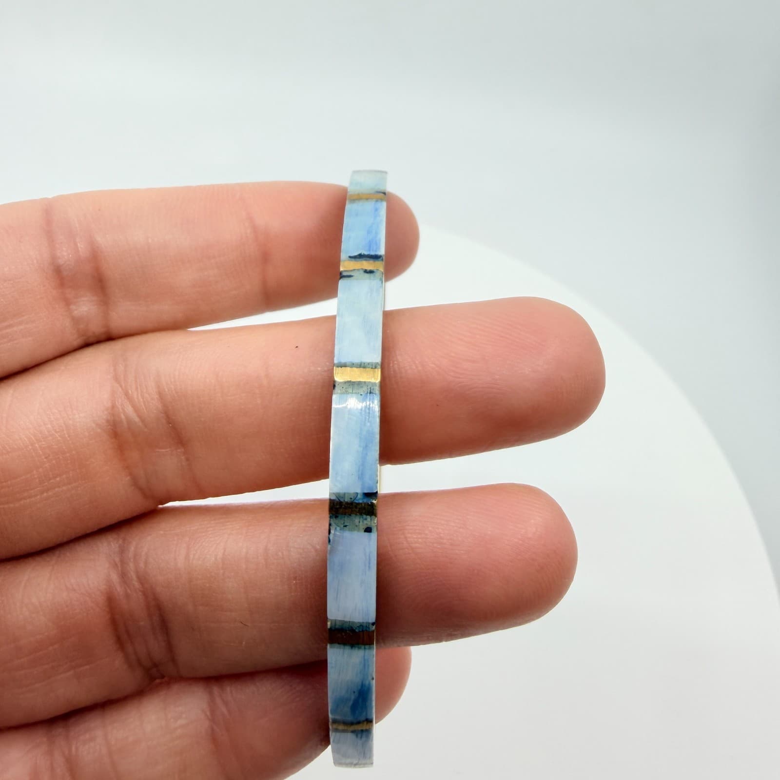 Vintage Brass Tone Blue Mother of Pearl Mosaic Bangle Bracelet Stackable Boho - Thumbnail 8