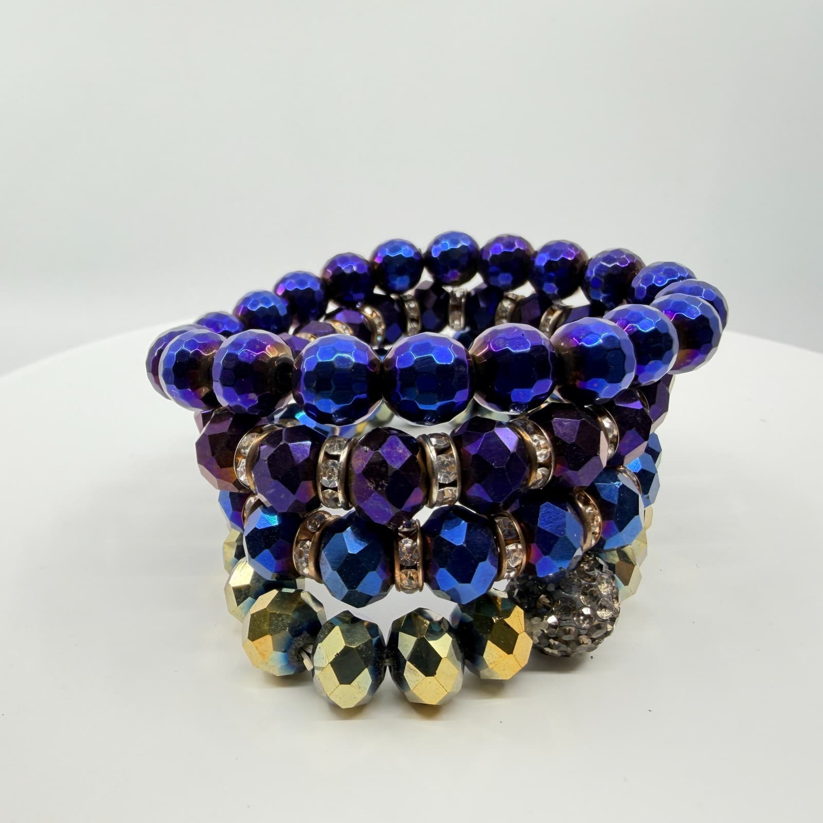 VTG Iridescent Blue Purple Crystal Bead Stretch Bracelet Chandelier Earrings Set - Thumbnail 4