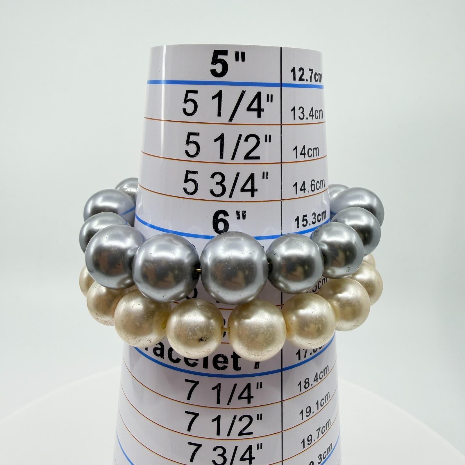 Vintage Chunky Faux Pearl Stretch Bracelet Set Cream Off White Grey Two Piece - Thumbnail 7
