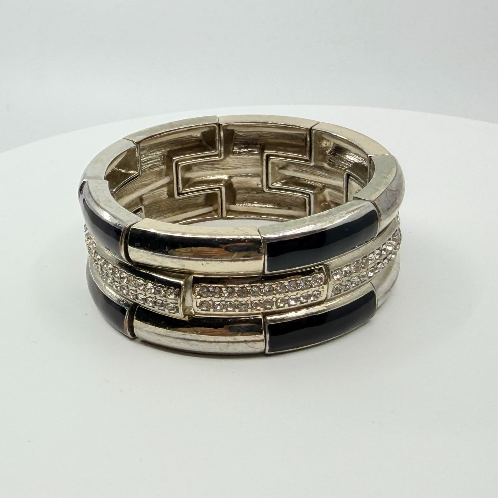 Vintage Y2K Silver Tone Black Enamel Rhinestone Triple Row Stretch Cuff Bracelet - Thumbnail 5