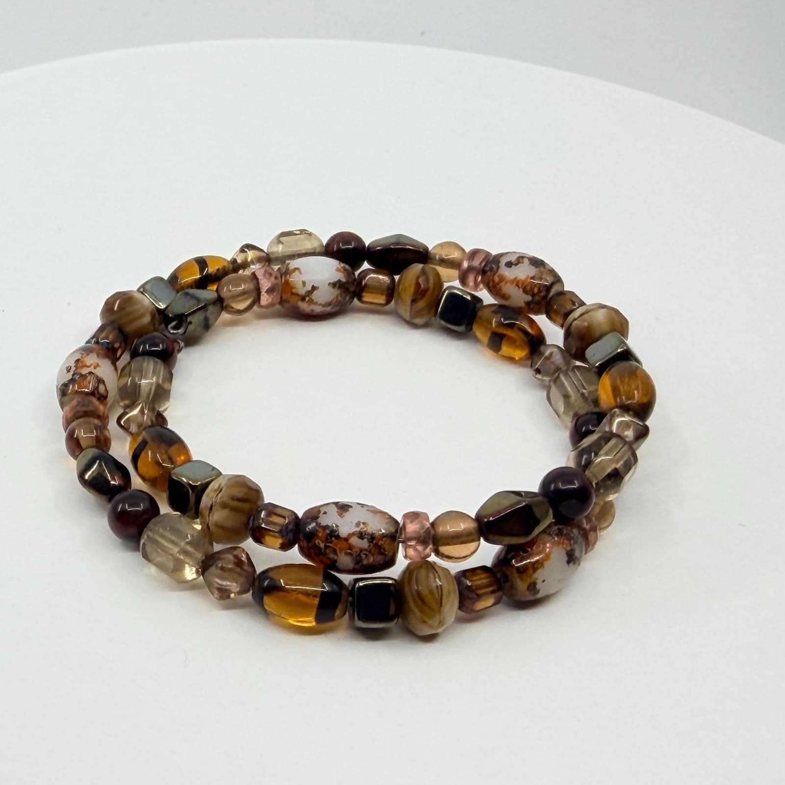 Vintage Boho Earth Tone Amber Tone Brown Agate Style Glass Beaded Wrap Bracelet - Thumbnail 5