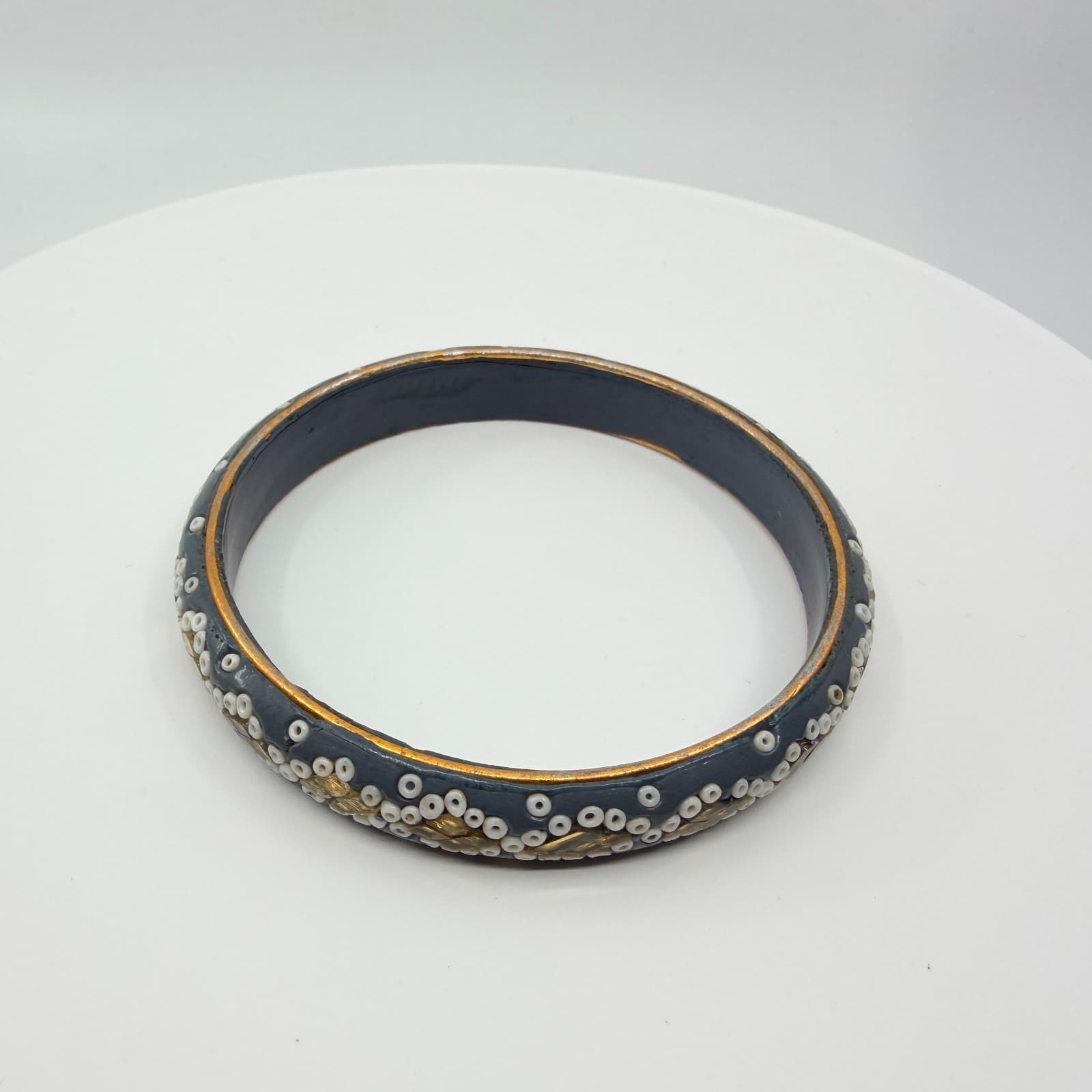 Vintage Lac Resin Bead Bangle Bracelet Grey White Gold Tone Foil Mosaic Boho - Thumbnail 7