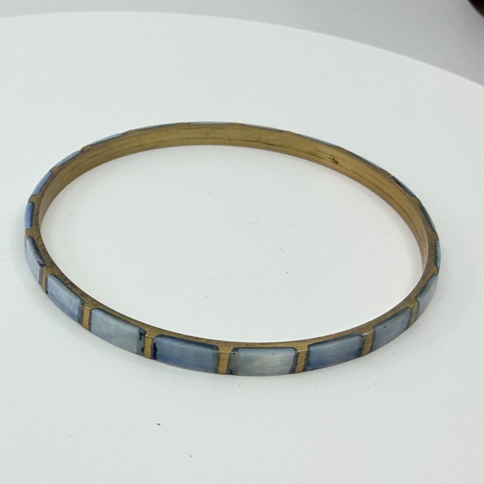Vintage Brass Tone Blue Mother of Pearl Mosaic Bangle Bracelet Stackable Boho - Thumbnail 6