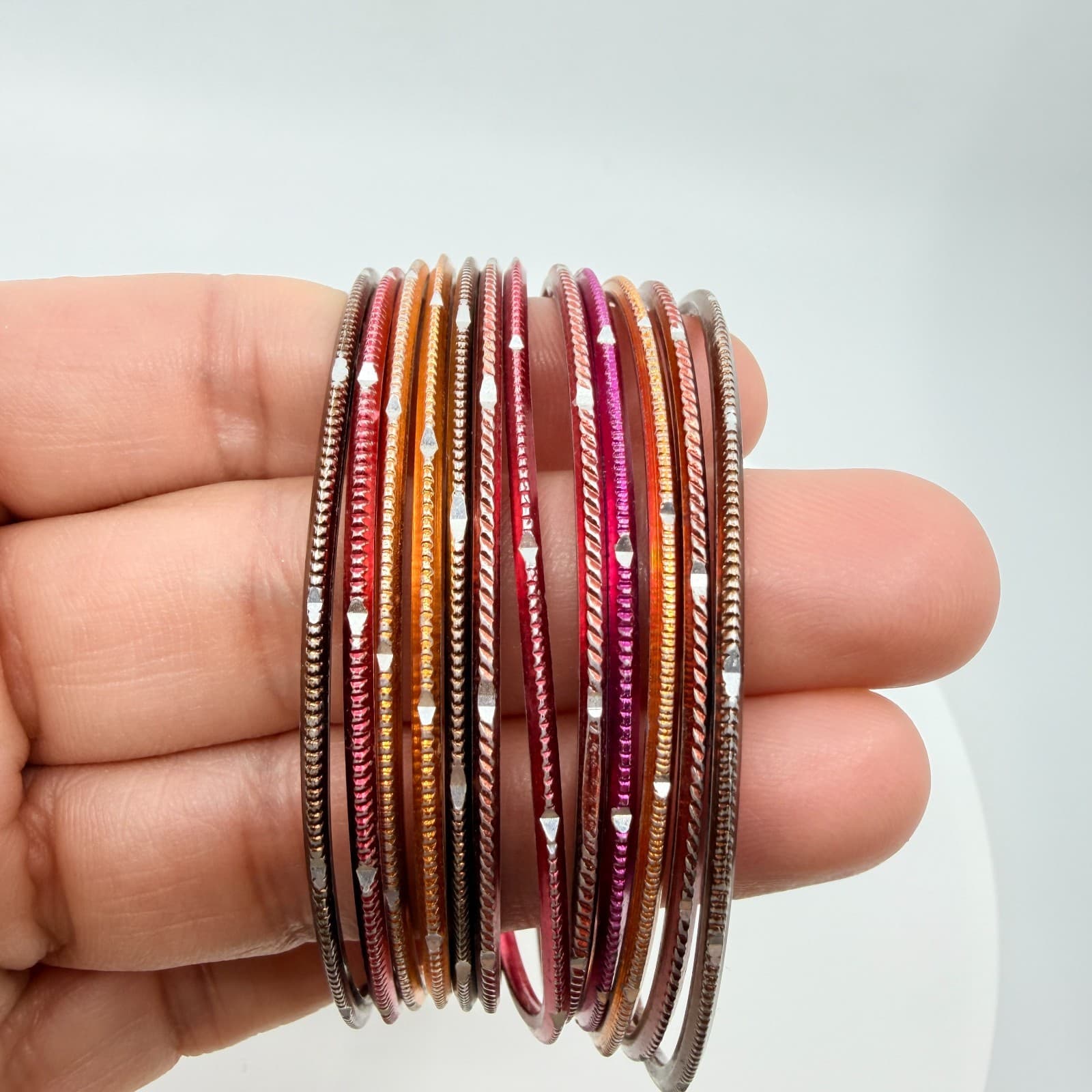 Vintage Y2K Colorful Textured Metal Bangle Bracelets Set Pink Orange Stack 12pc - Thumbnail 8