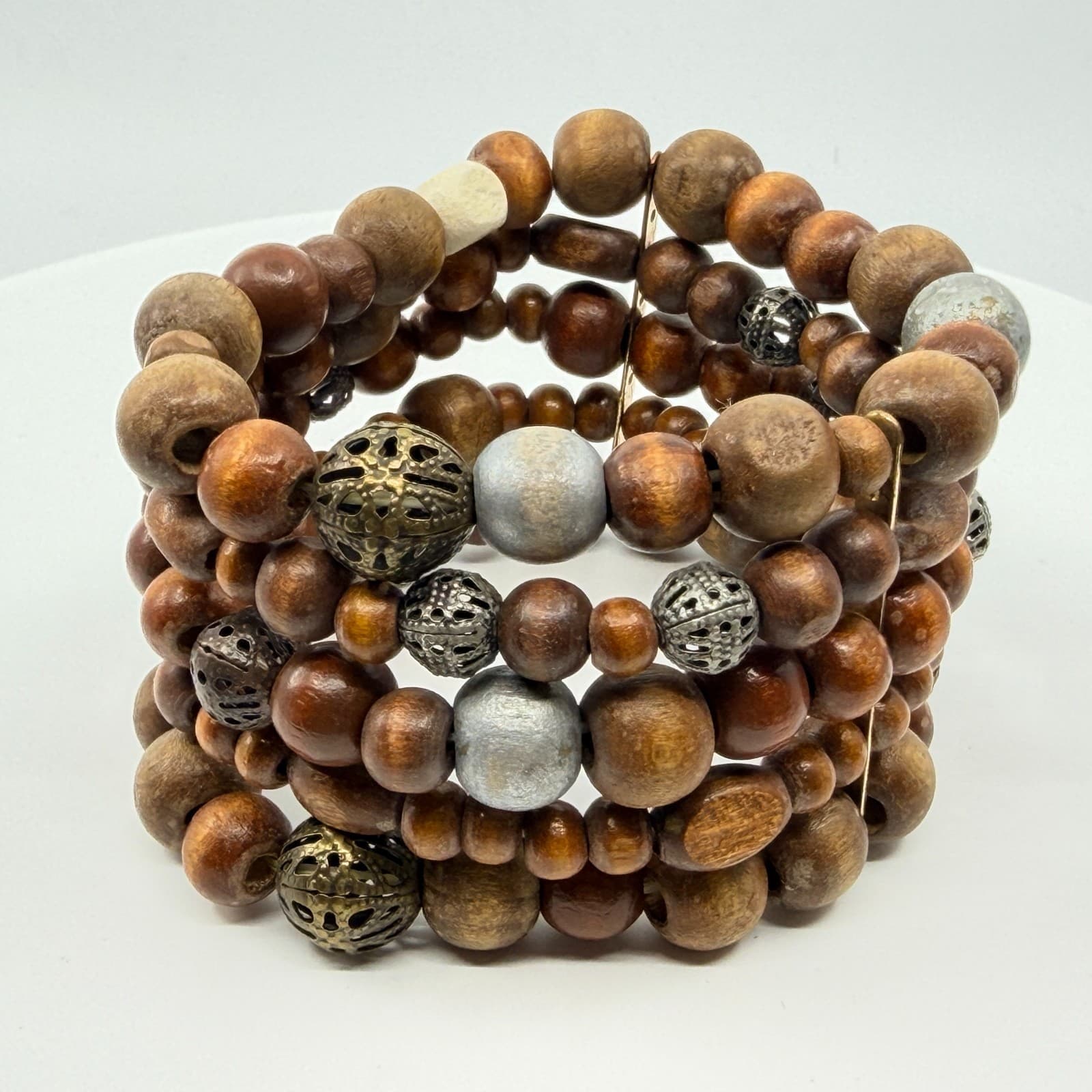 Vintage Boho Multi Row Natural Wood Bead Memory Wire Cuff Bracelet Filigree - Thumbnail 6