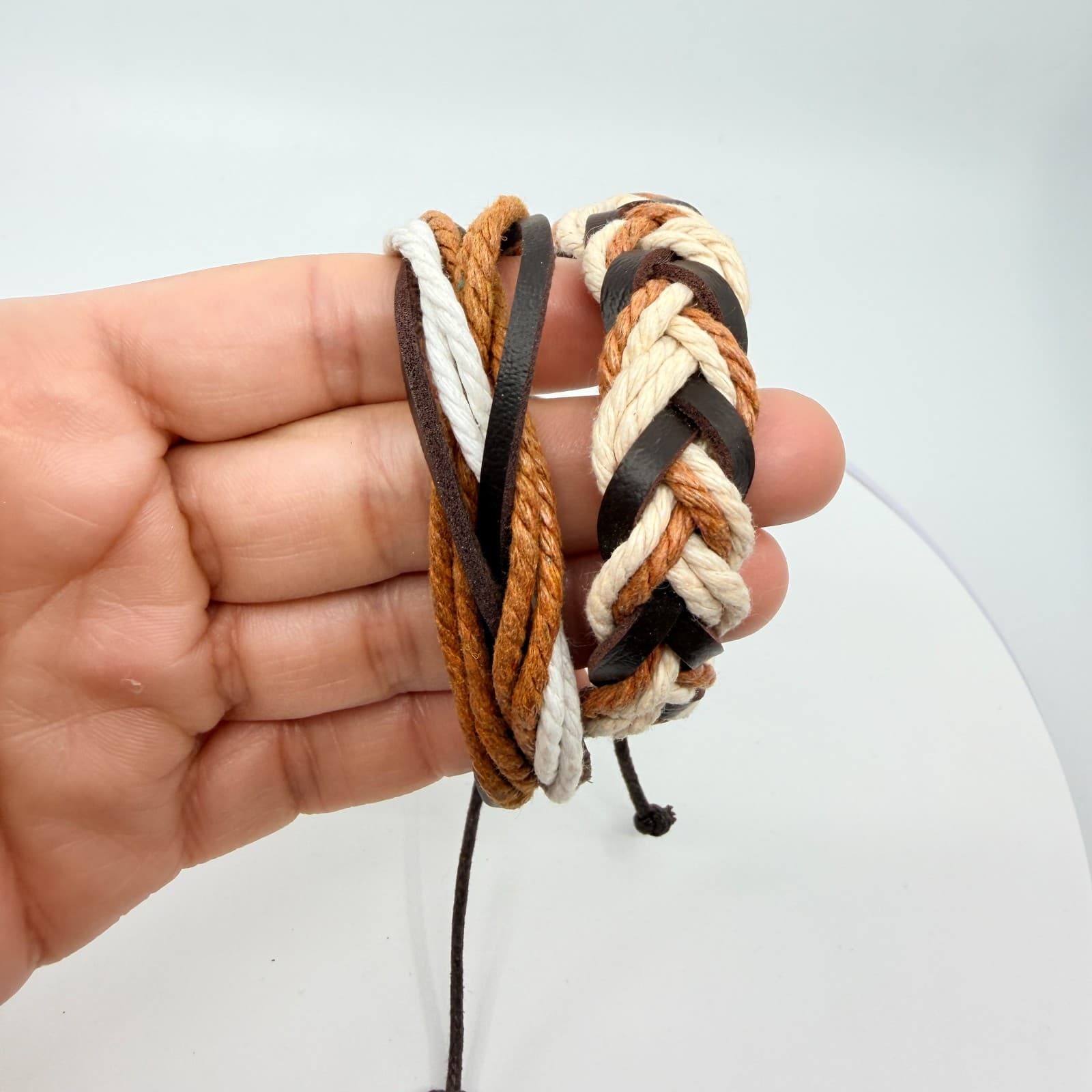 Vintage Boho Multi Strand Leather Rope Bracelet Brown Cream Stacked Unisex Retro - Thumbnail 10