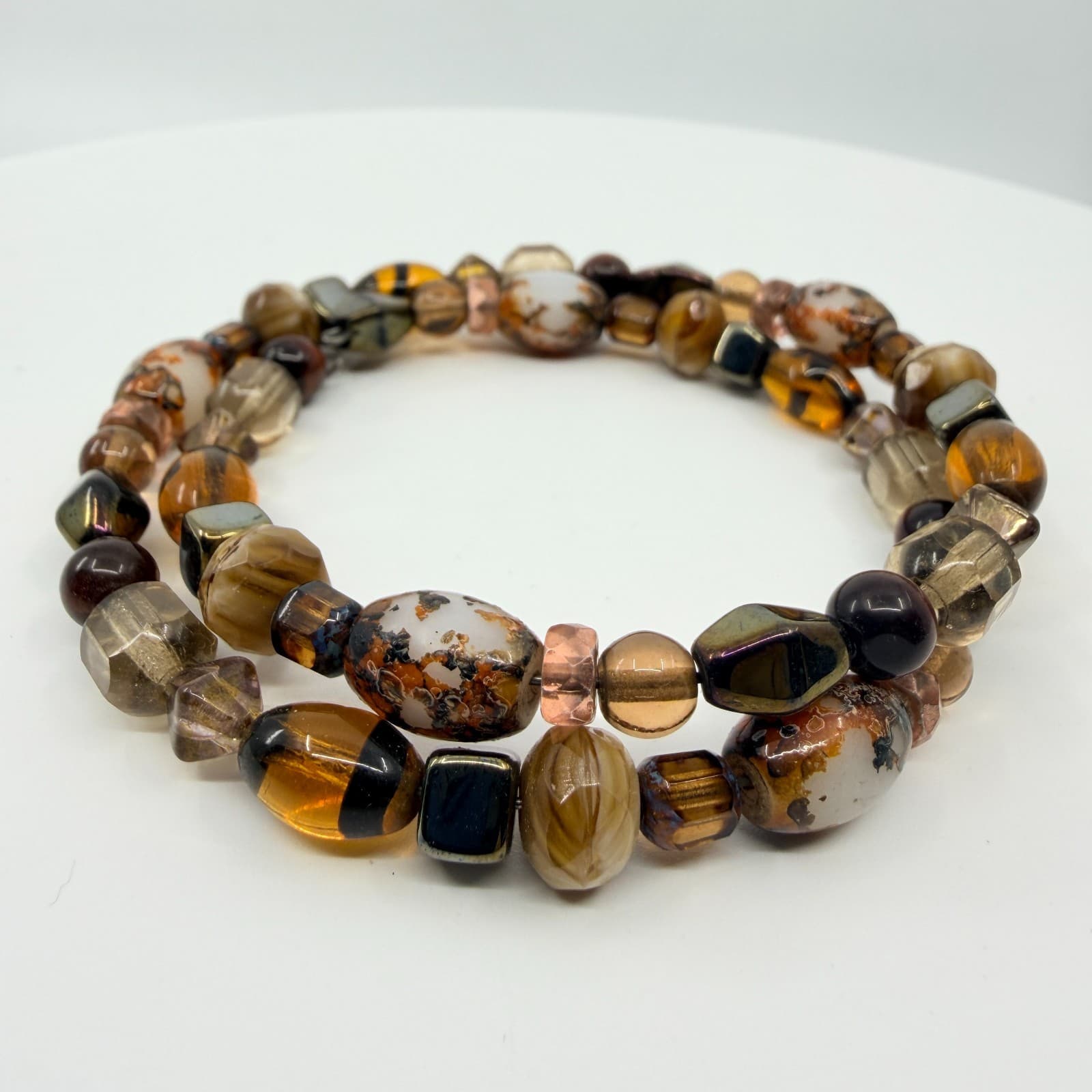 Vintage Boho Earth Tone Amber Tone Brown Agate Style Glass Beaded Wrap Bracelet - Thumbnail 2