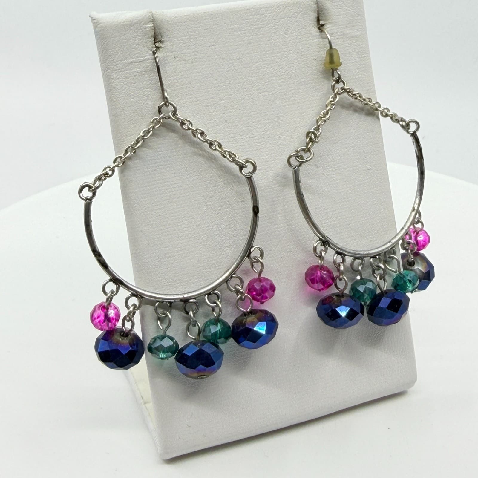 VTG Iridescent Blue Purple Crystal Bead Stretch Bracelet Chandelier Earrings Set - Thumbnail 12