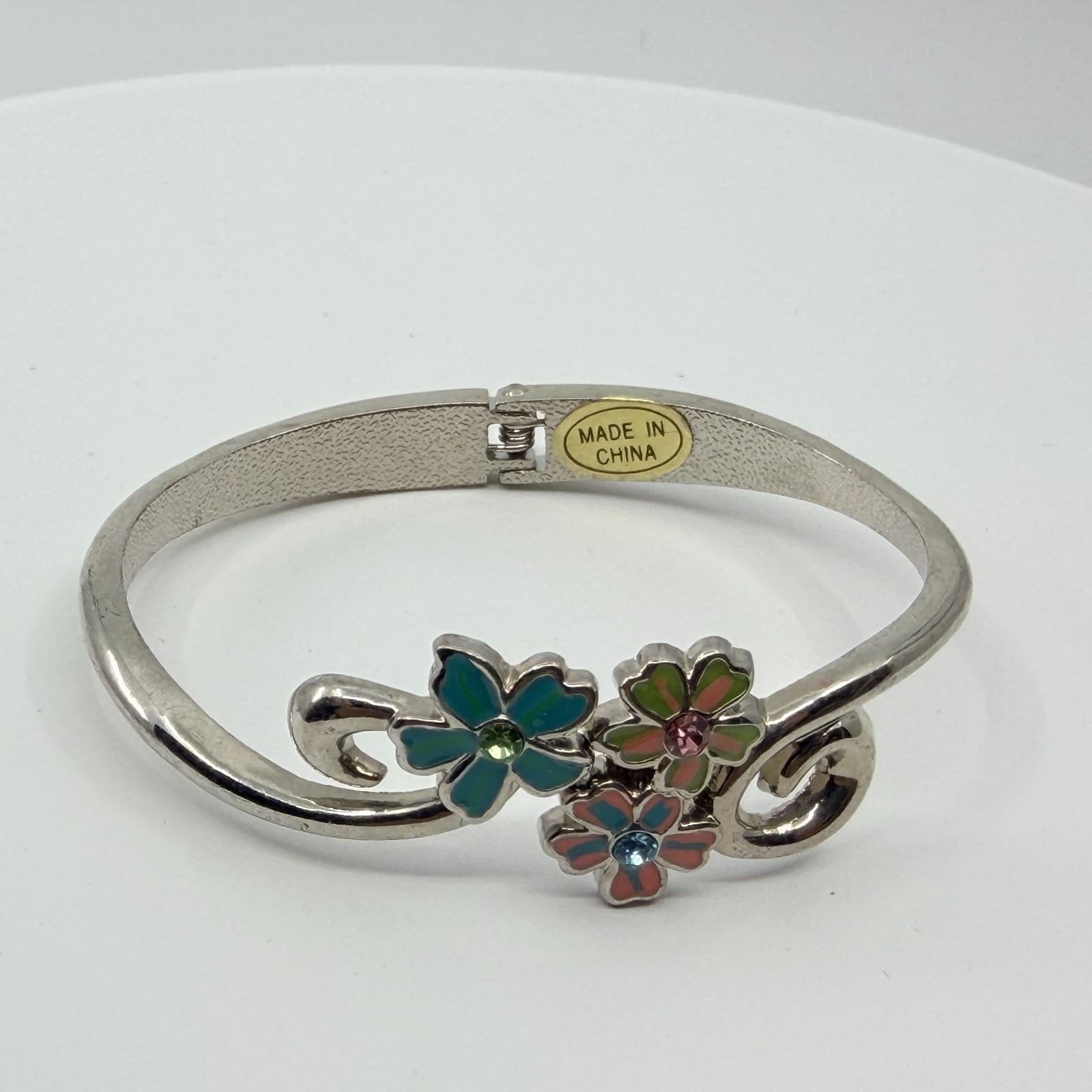 Vintage Y2K Silver Tone Enamel Floral Hinge Bangle Bracelet Colorful Rhinestones - Thumbnail 6
