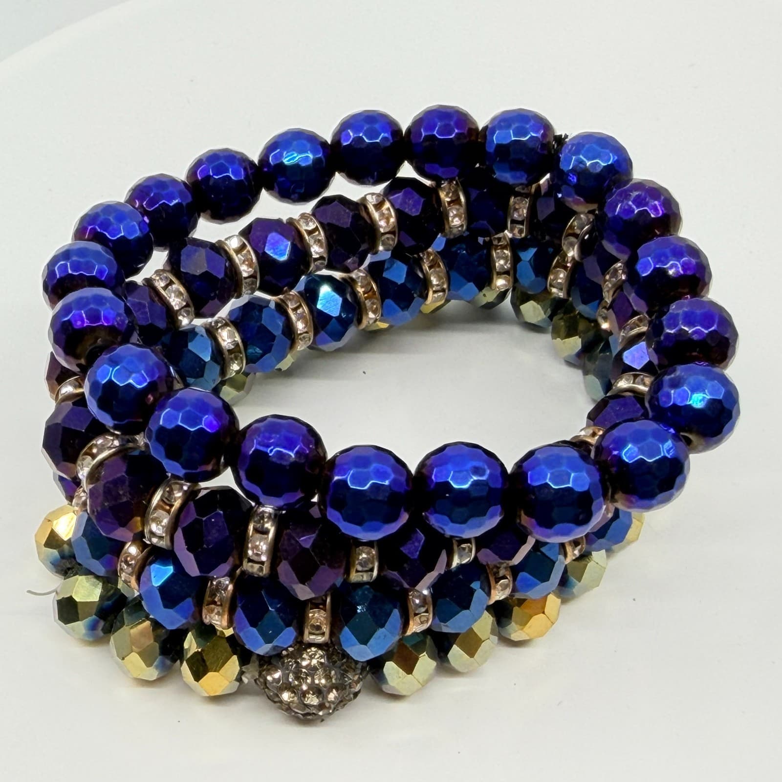 VTG Iridescent Blue Purple Crystal Bead Stretch Bracelet Chandelier Earrings Set - Thumbnail 6