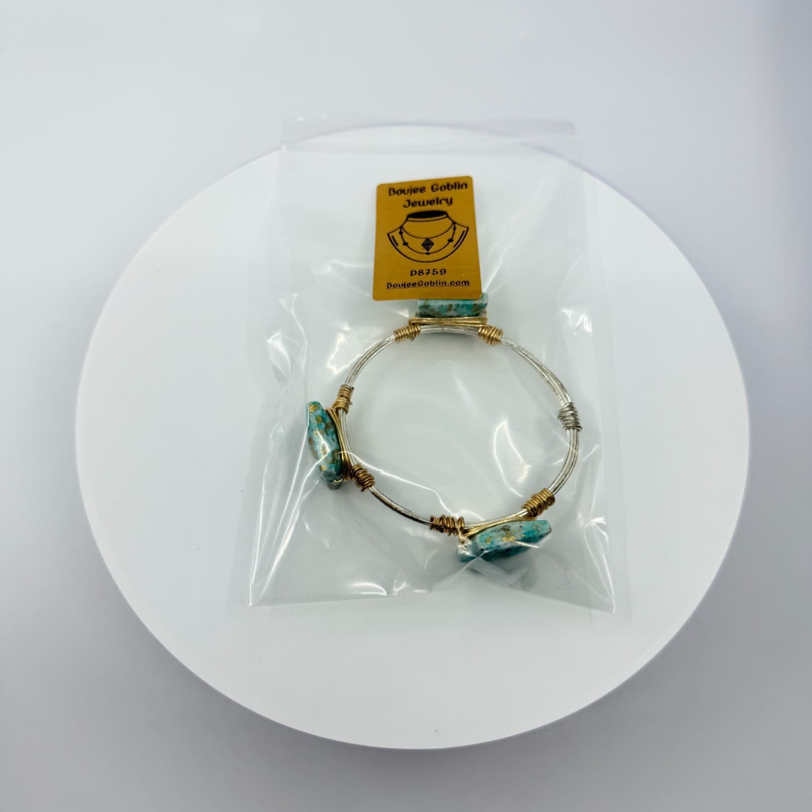 Vintage Wire Wrapped Turquoise Gold Tone Flake Faux Stone Square Bangle Bracelet - Thumbnail 9