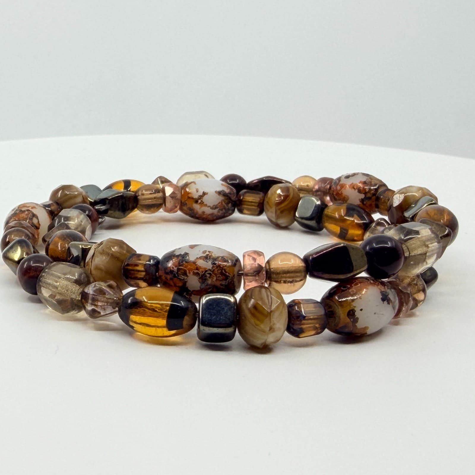Vintage Boho Earth Tone Amber Tone Brown Agate Style Glass Beaded Wrap Bracelet - Thumbnail 6
