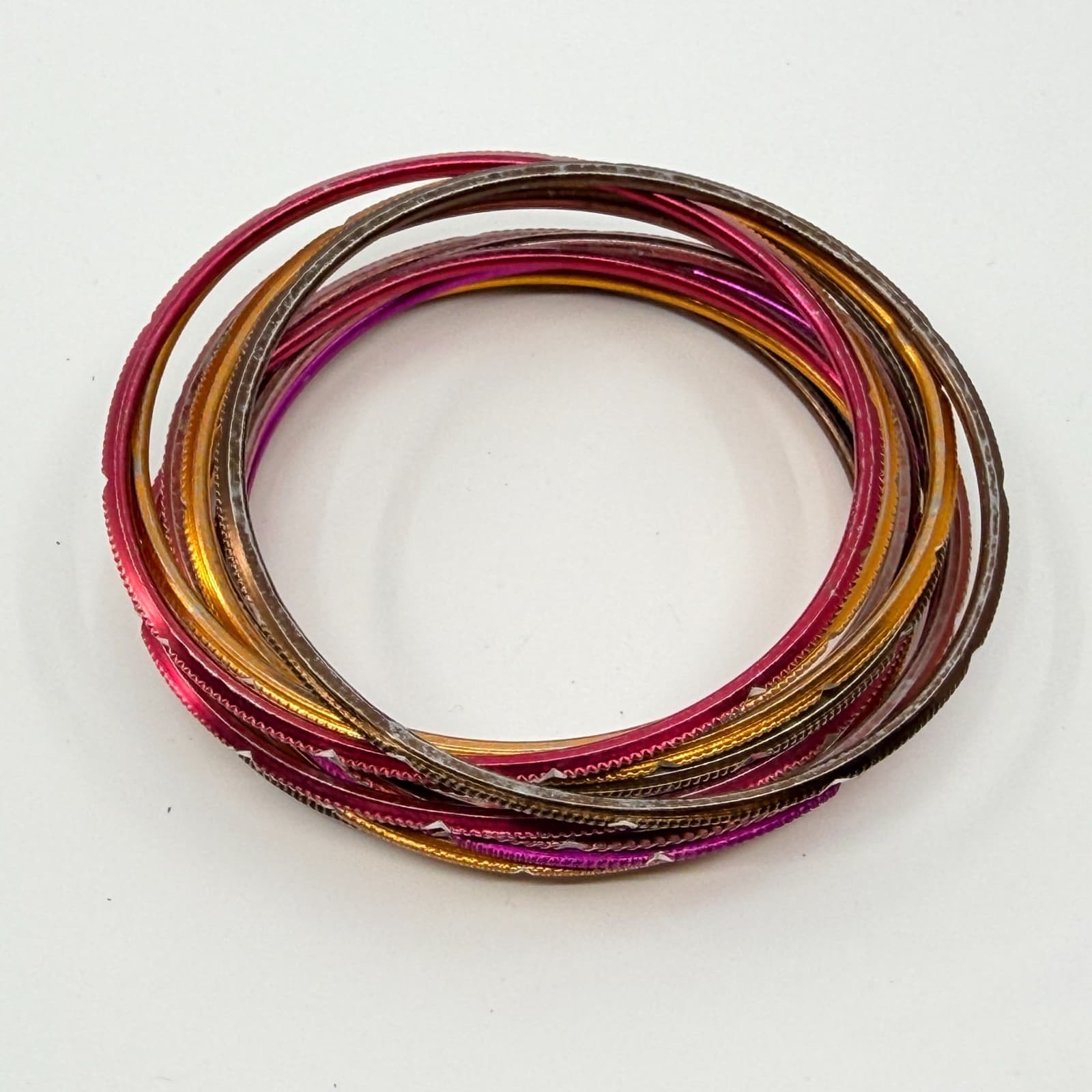Vintage Y2K Colorful Textured Metal Bangle Bracelets Set Pink Orange Stack 12pc - Thumbnail 4