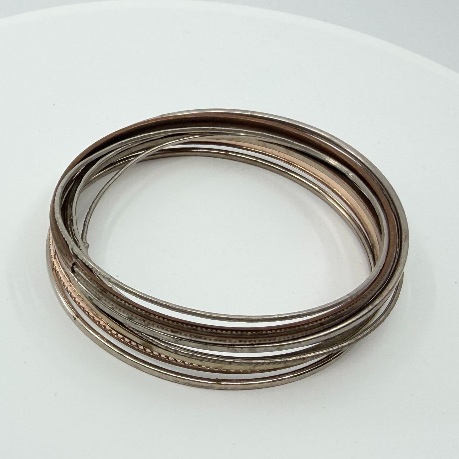 VTG Retro Mixed Metal Stacking Bangle Bracelet Set Tri Tone Textured Geometric - Thumbnail 6