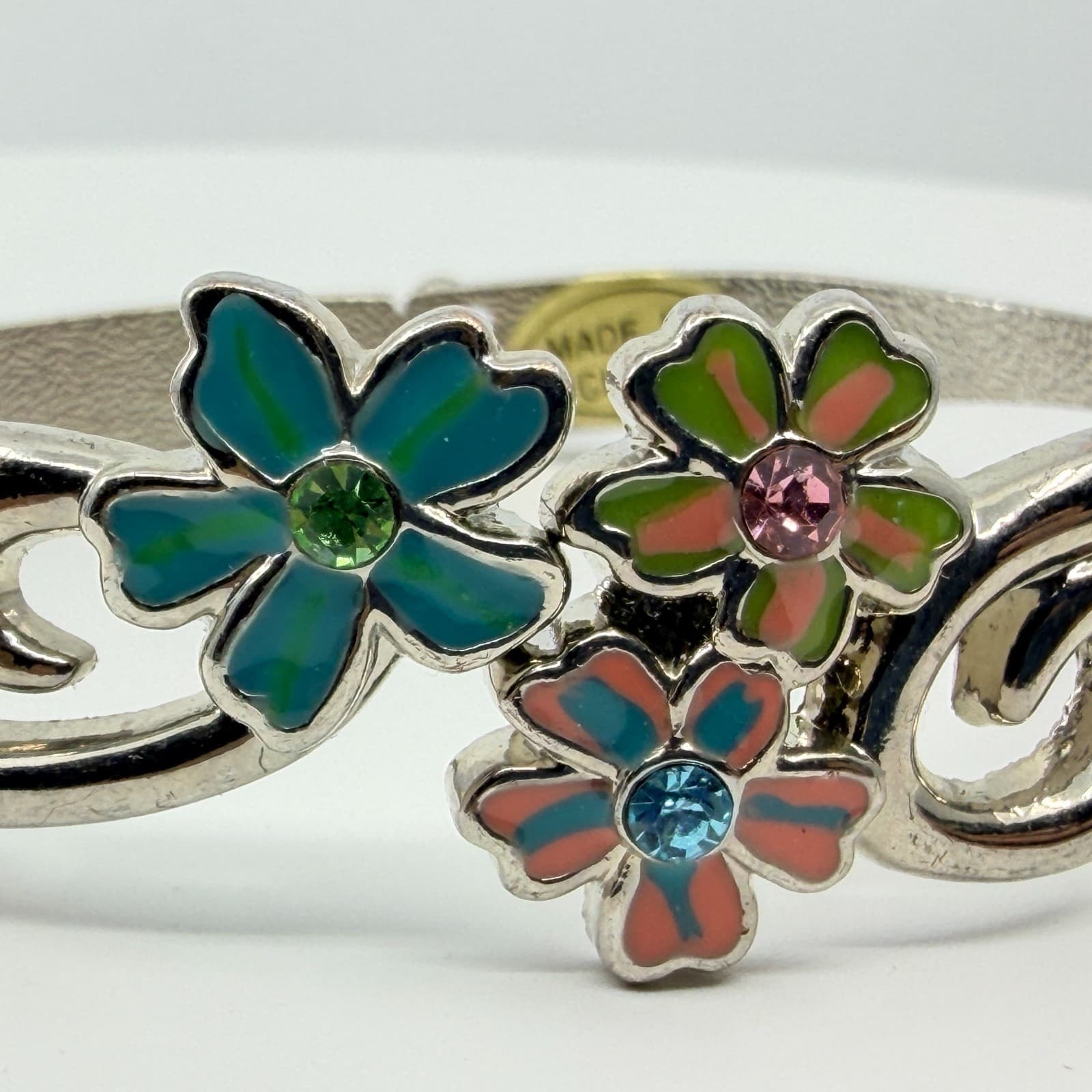 Vintage Y2K Silver Tone Enamel Floral Hinge Bangle Bracelet Colorful Rhinestones - Thumbnail 5