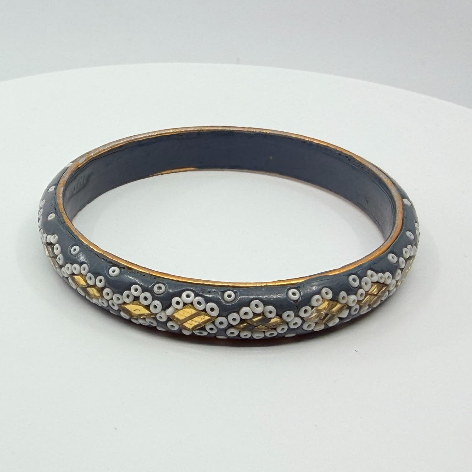 Vintage Lac Resin Bead Bangle Bracelet Grey White Gold Tone Foil Mosaic Boho - Thumbnail 5