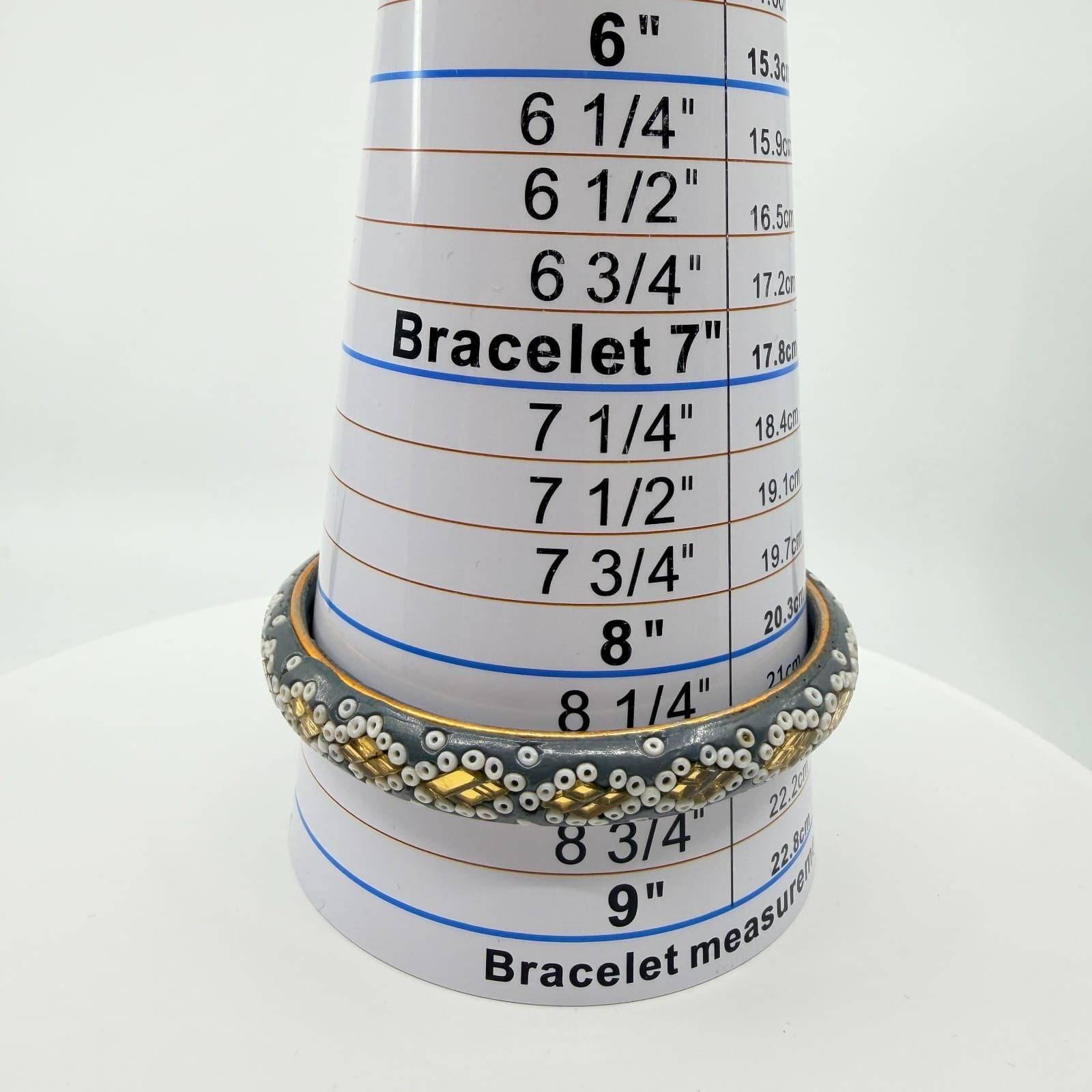 Vintage Lac Resin Bead Bangle Bracelet Grey White Gold Tone Foil Mosaic Boho - Thumbnail 10