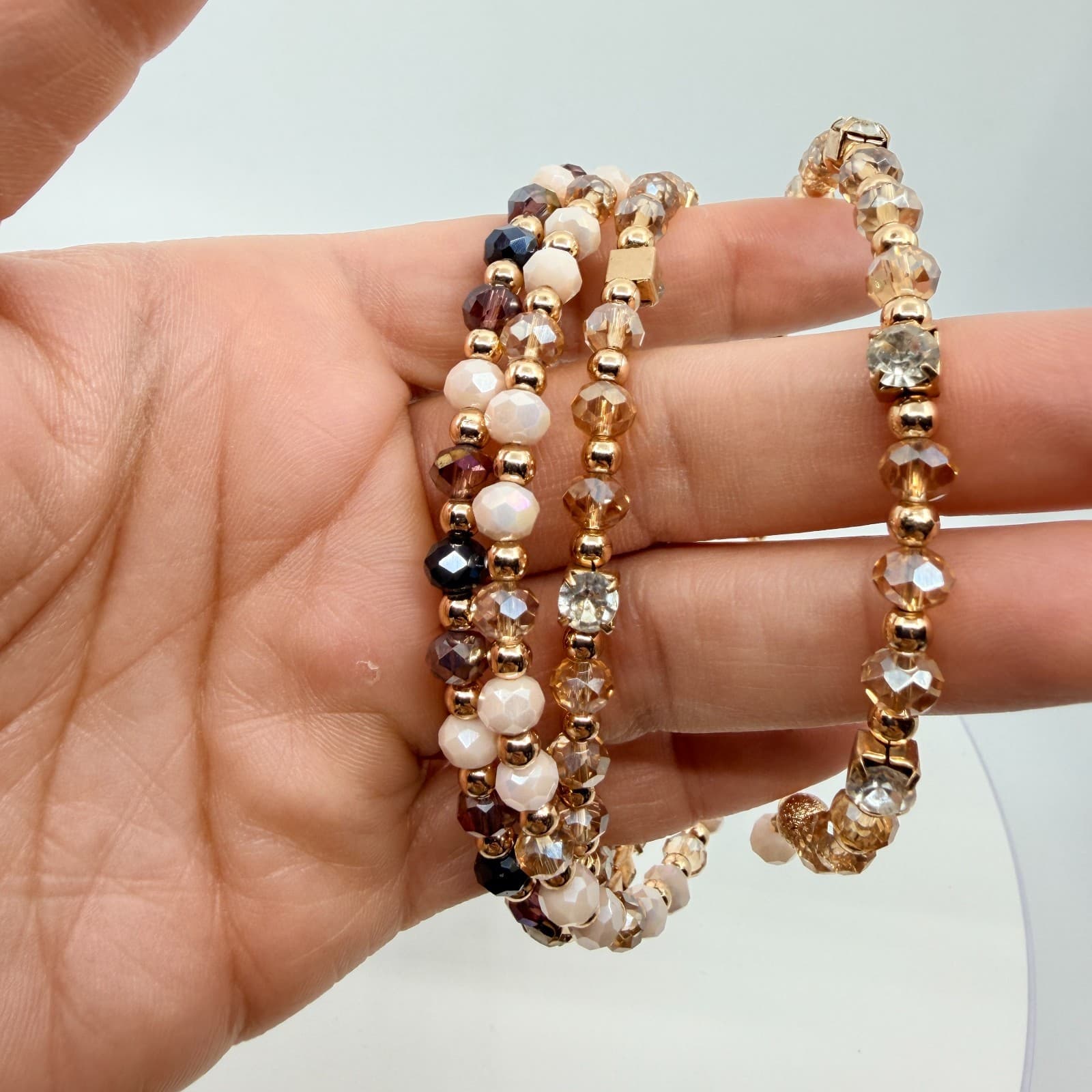 Vintage Y2K Gold Tone Rhinestone Crystal Champagne Beaded Wrap Bracelet Retro - Thumbnail 8