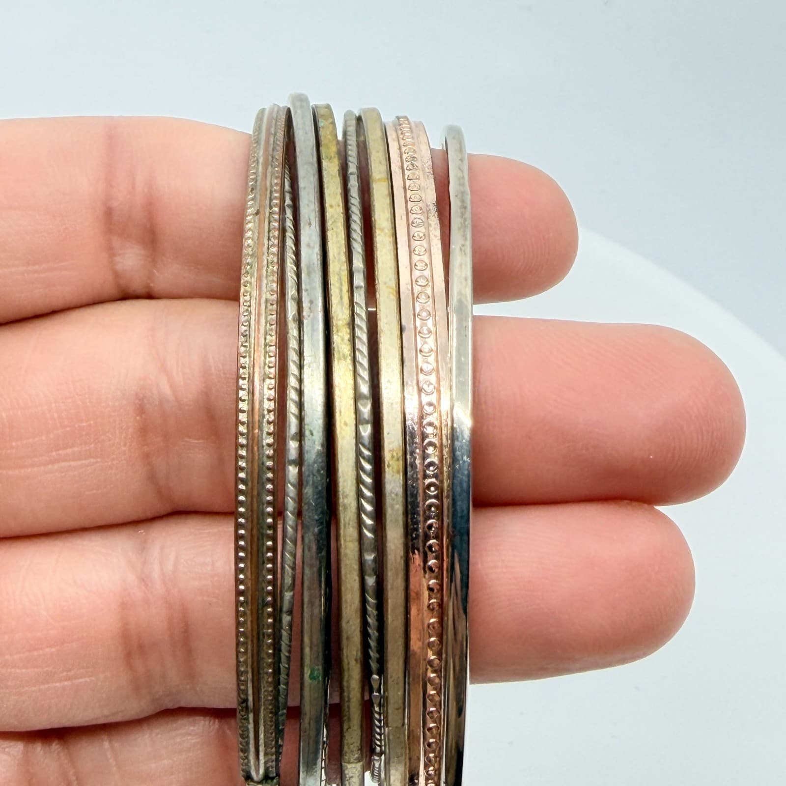 VTG Retro Mixed Metal Stacking Bangle Bracelet Set Tri Tone Textured Geometric - Thumbnail 8