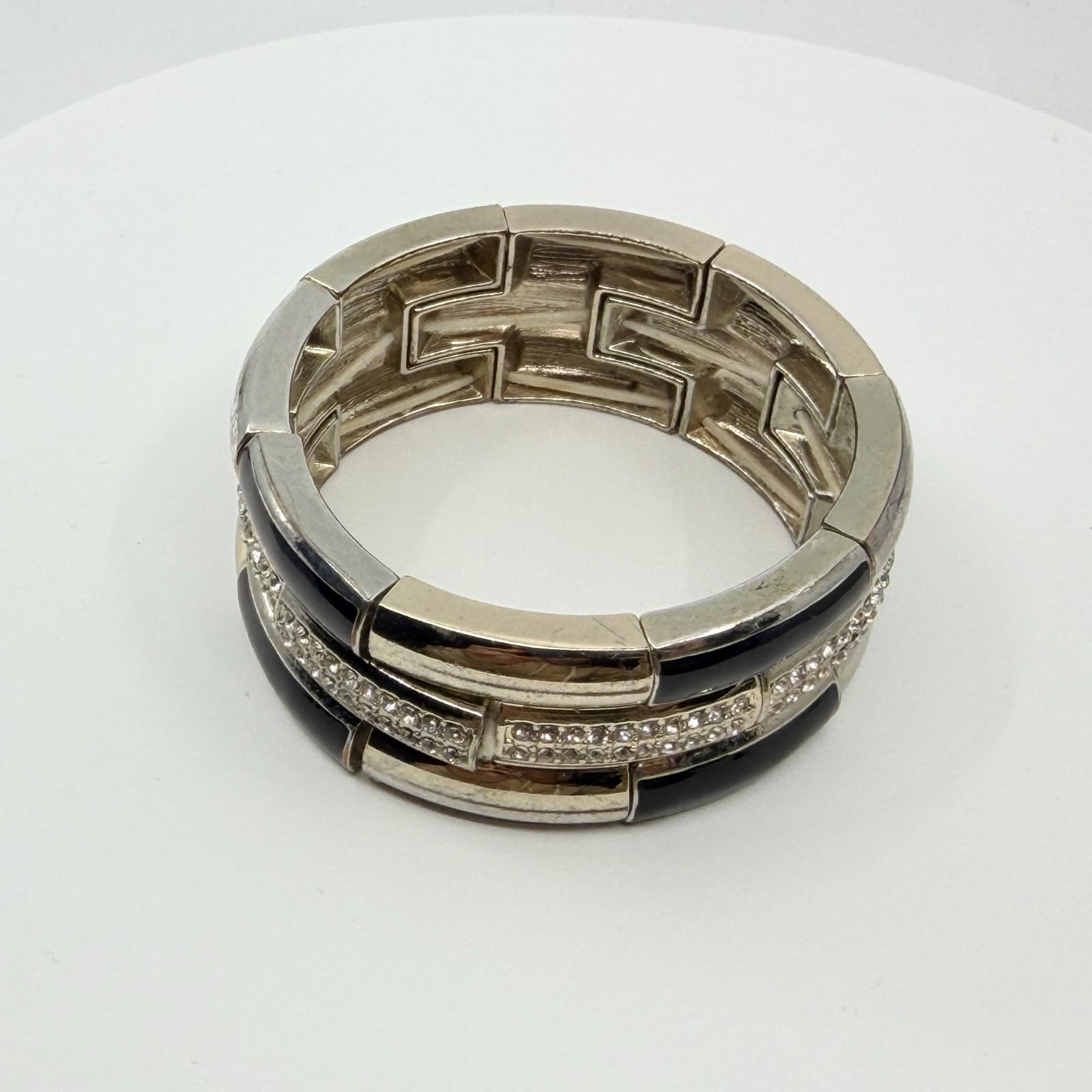 Vintage Y2K Silver Tone Black Enamel Rhinestone Triple Row Stretch Cuff Bracelet - Thumbnail 6
