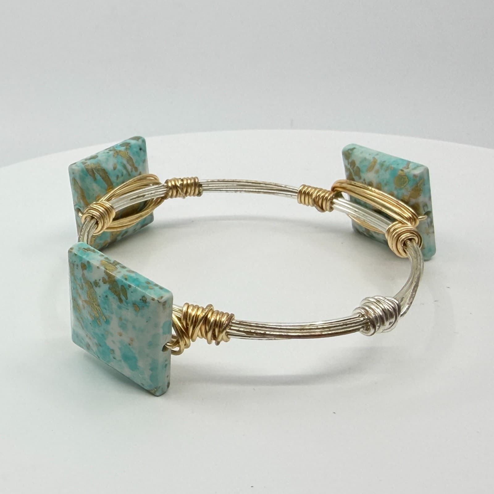 Vintage Wire Wrapped Turquoise Gold Tone Flake Faux Stone Square Bangle Bracelet - Thumbnail 5