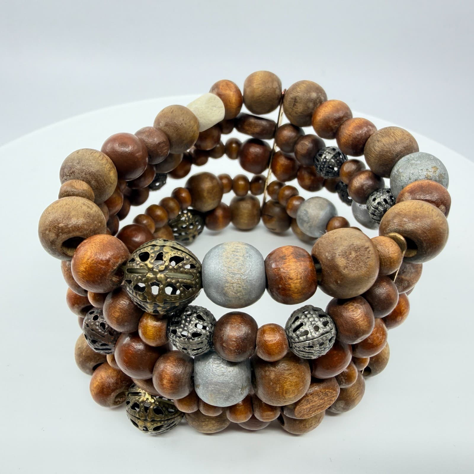 Vintage Boho Multi Row Natural Wood Bead Memory Wire Cuff Bracelet Filigree - Thumbnail 4