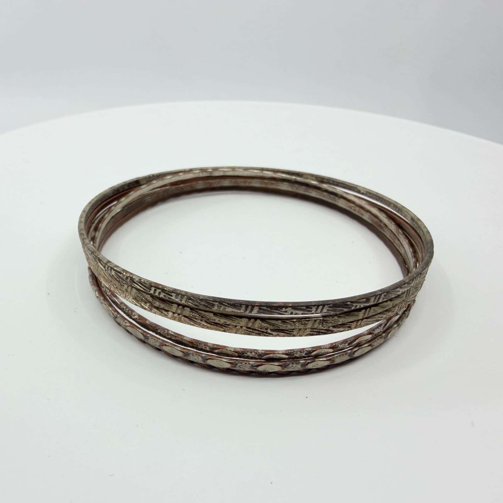 VTG Mixed Metal Patterned Bangle Bracelets Silver & Copper Tone Set of 6 Stack - Thumbnail 2