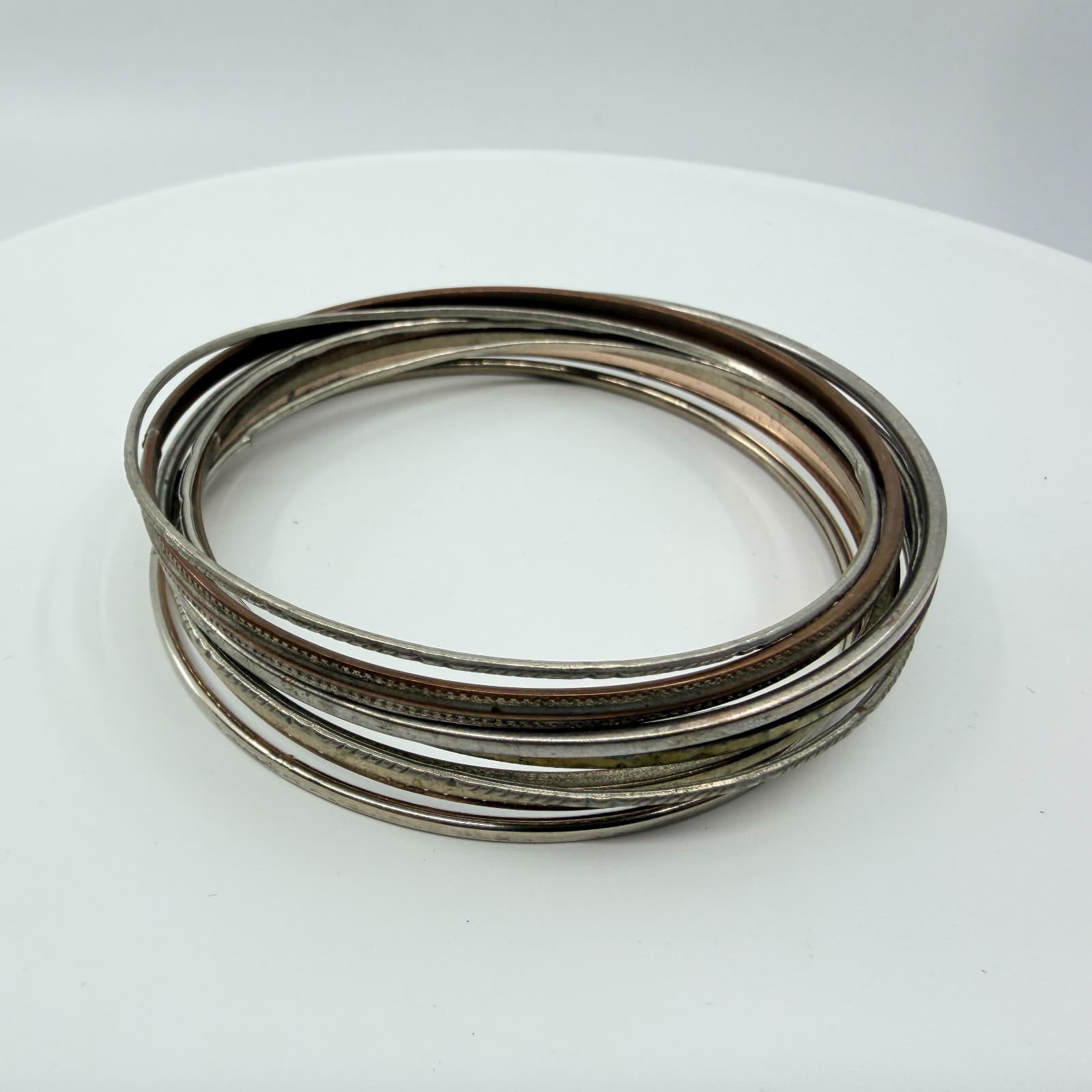 VTG Retro Mixed Metal Stacking Bangle Bracelet Set Tri Tone Textured Geometric - Thumbnail 3