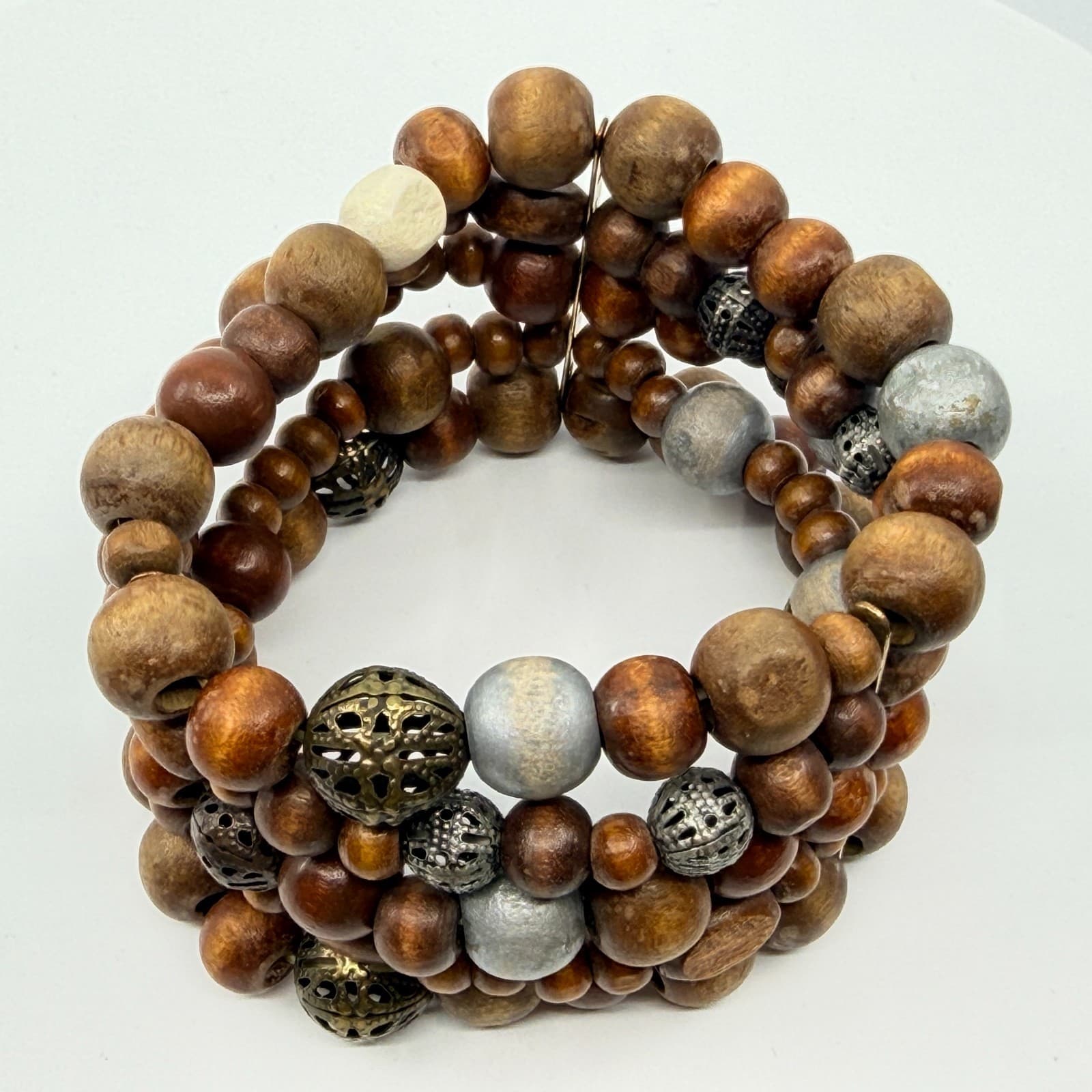 Vintage Boho Multi Row Natural Wood Bead Memory Wire Cuff Bracelet Filigree - Thumbnail 7
