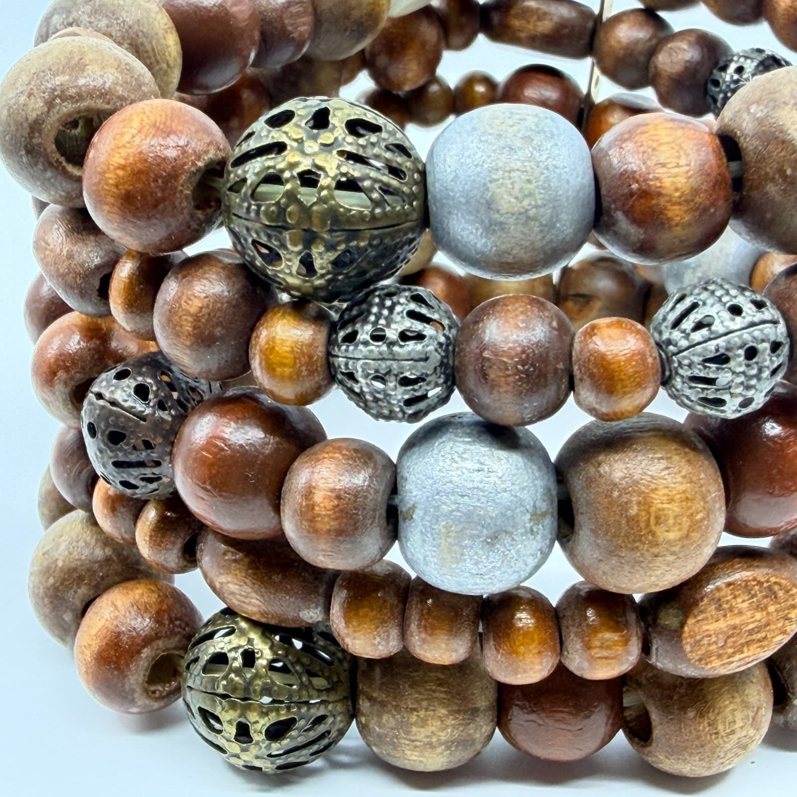 Vintage Boho Multi Row Natural Wood Bead Memory Wire Cuff Bracelet Filigree - Thumbnail 5