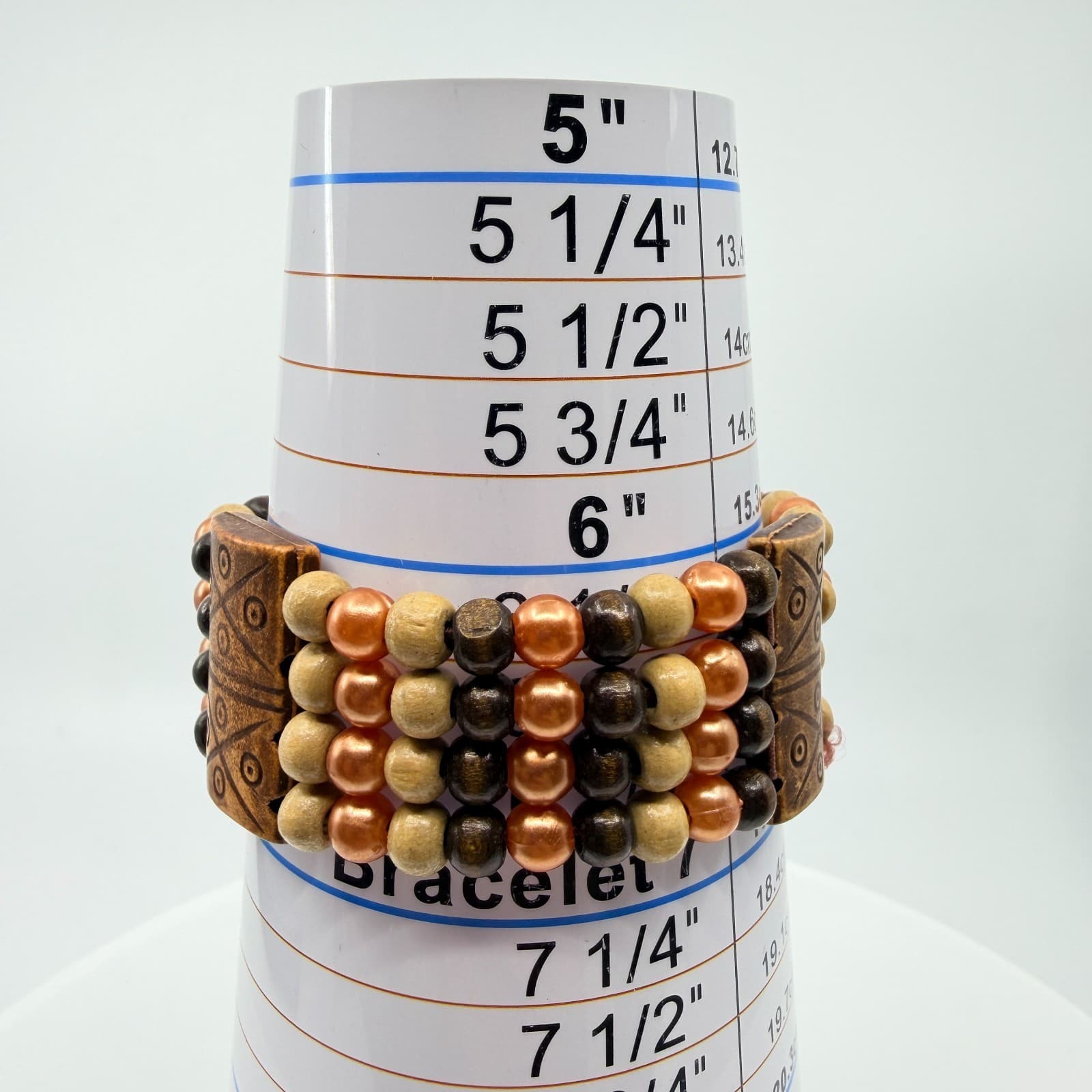 Vintage Multi Strand Wood Bead Cuff Bracelet Brown Copper Tone Tribal Boho Retro - Thumbnail 9