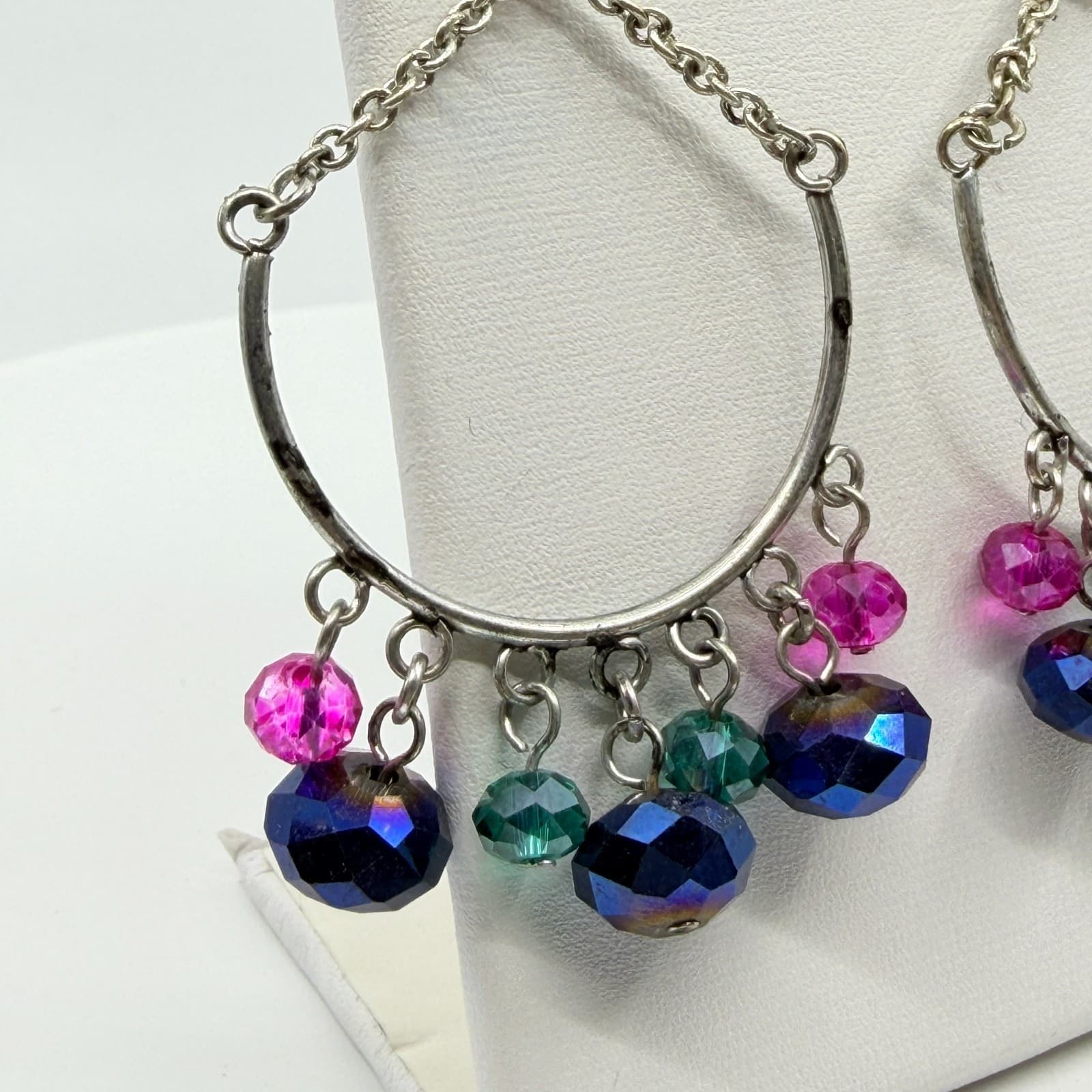 VTG Iridescent Blue Purple Crystal Bead Stretch Bracelet Chandelier Earrings Set - Thumbnail 11