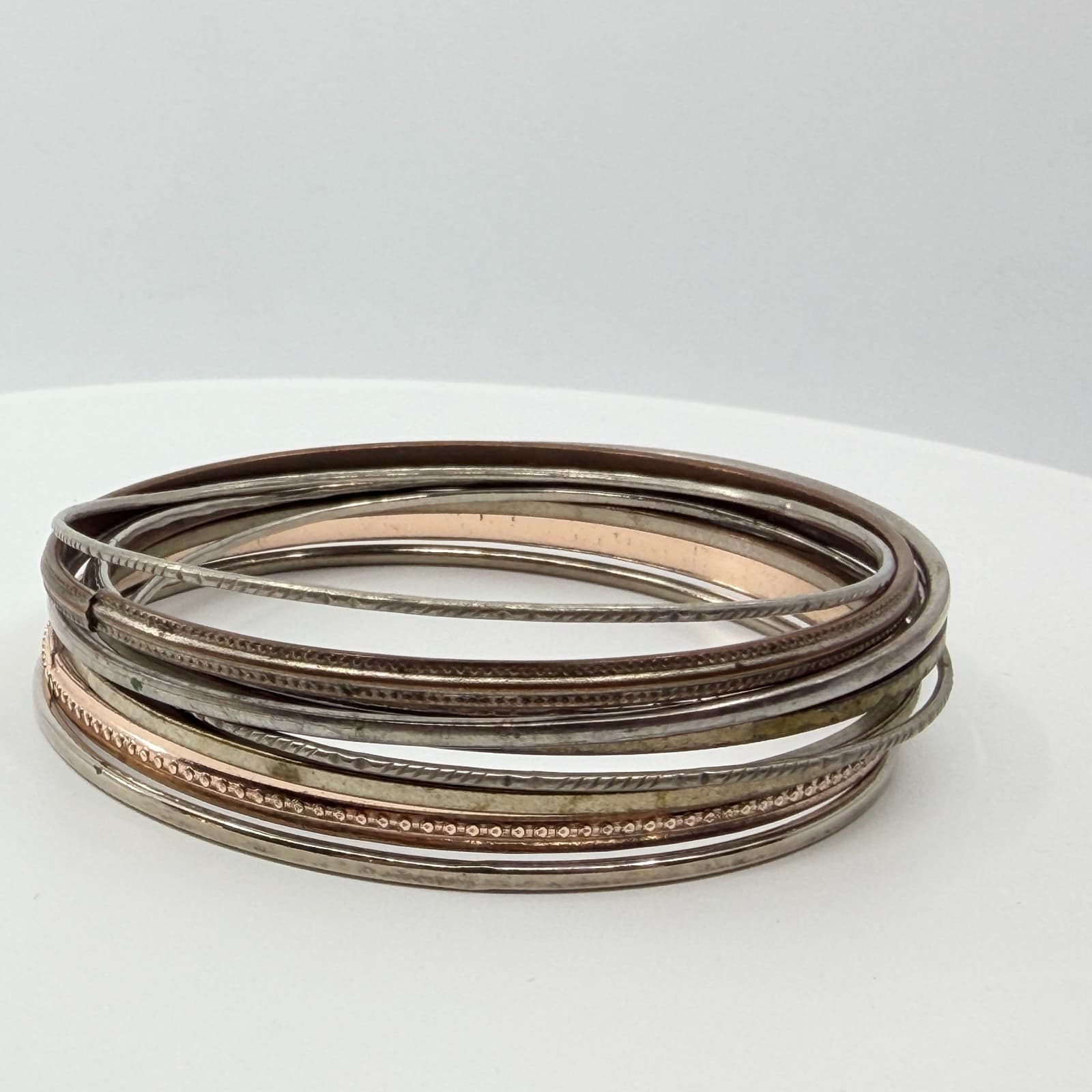 VTG Retro Mixed Metal Stacking Bangle Bracelet Set Tri Tone Textured Geometric - Thumbnail 7