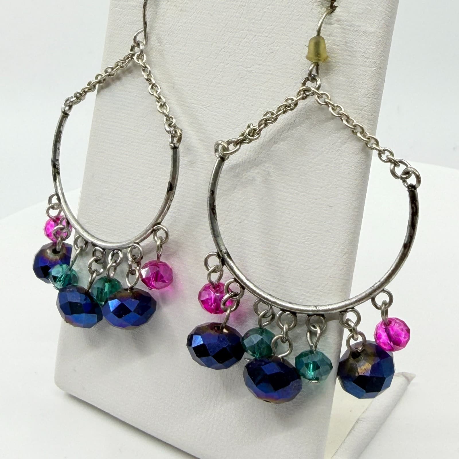 VTG Iridescent Blue Purple Crystal Bead Stretch Bracelet Chandelier Earrings Set - Thumbnail 14