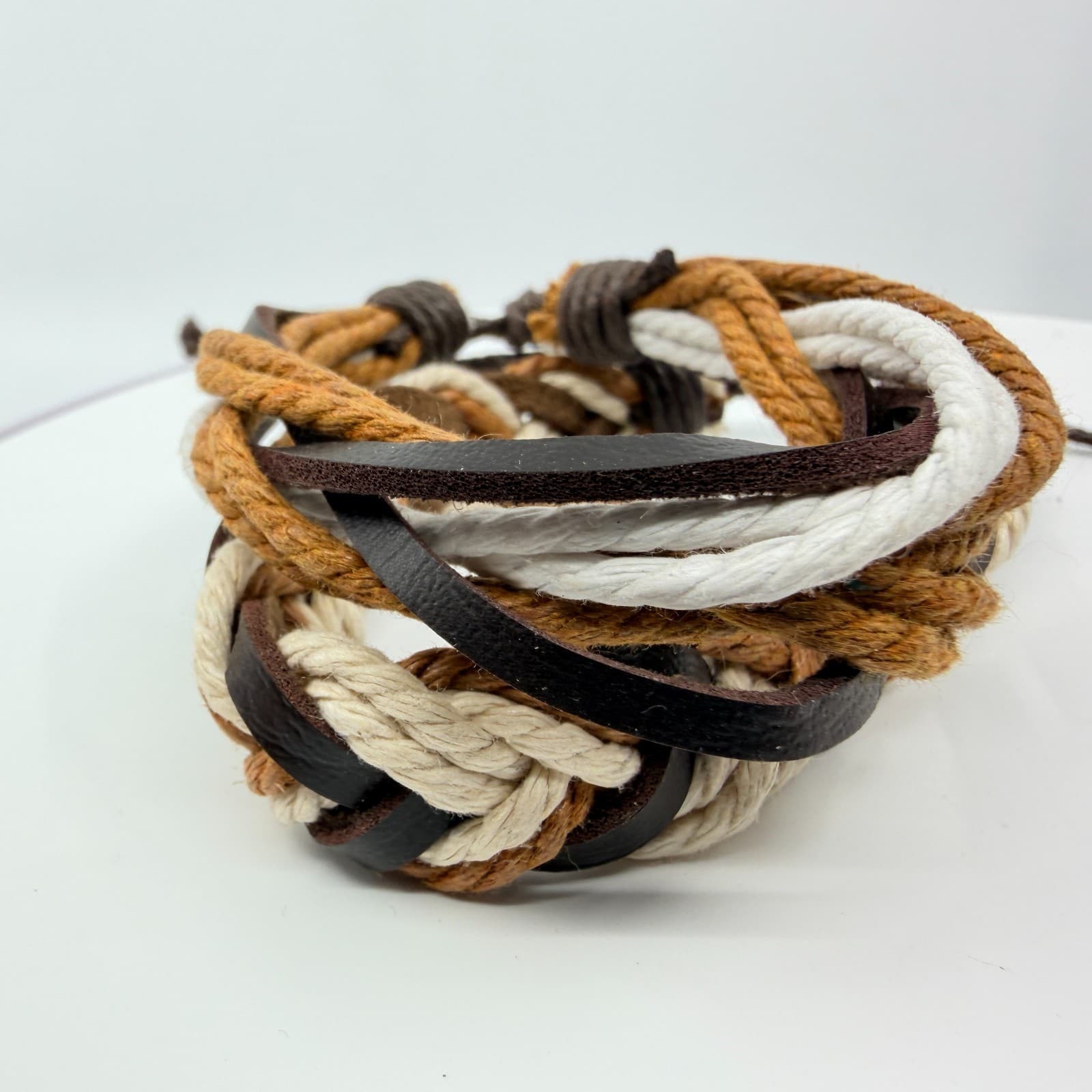 Vintage Boho Multi Strand Leather Rope Bracelet Brown Cream Stacked Unisex Retro - Thumbnail 5