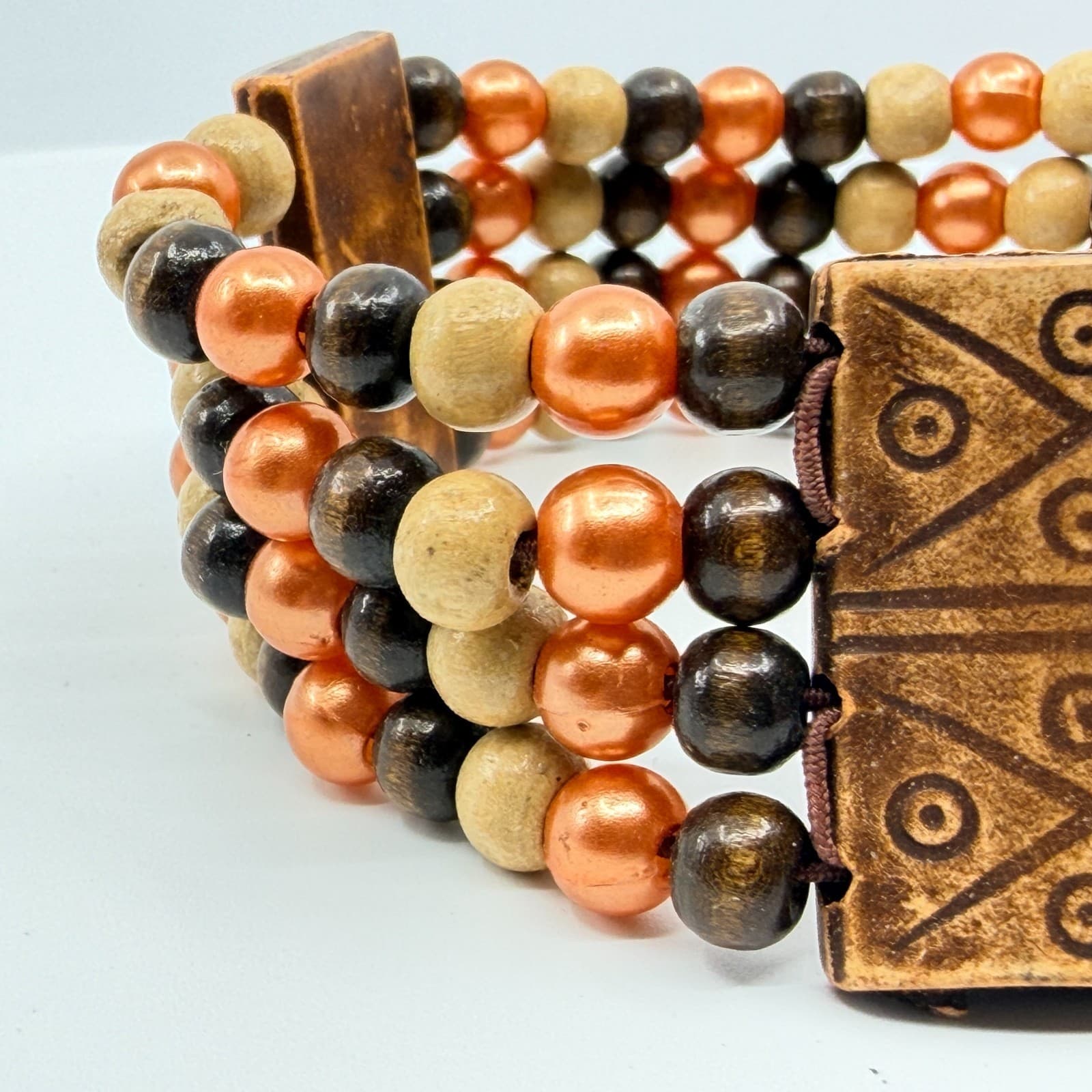 Vintage Multi Strand Wood Bead Cuff Bracelet Brown Copper Tone Tribal Boho Retro - Thumbnail 5