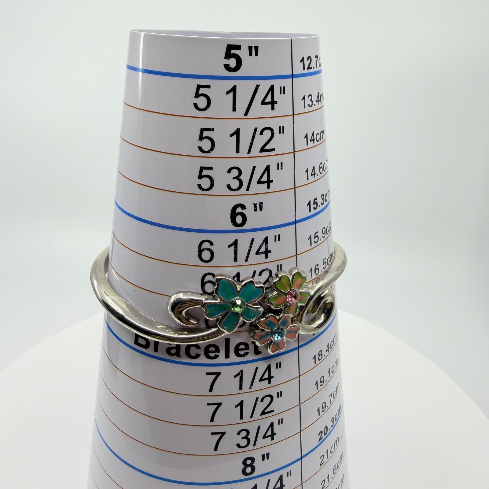 Vintage Y2K Silver Tone Enamel Floral Hinge Bangle Bracelet Colorful Rhinestones - Thumbnail 10
