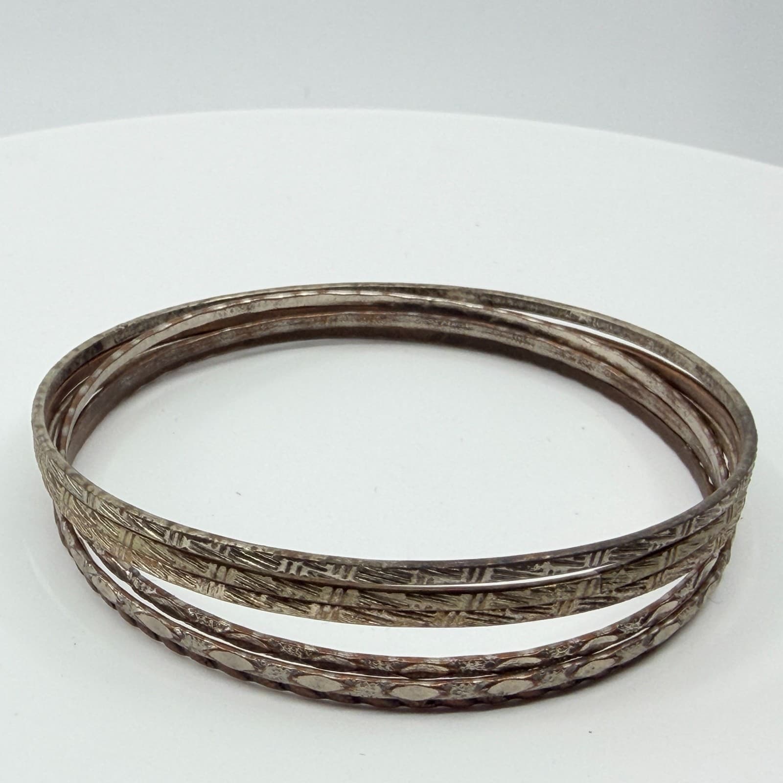 VTG Mixed Metal Patterned Bangle Bracelets Silver & Copper Tone Set of 6 Stack - Thumbnail 5