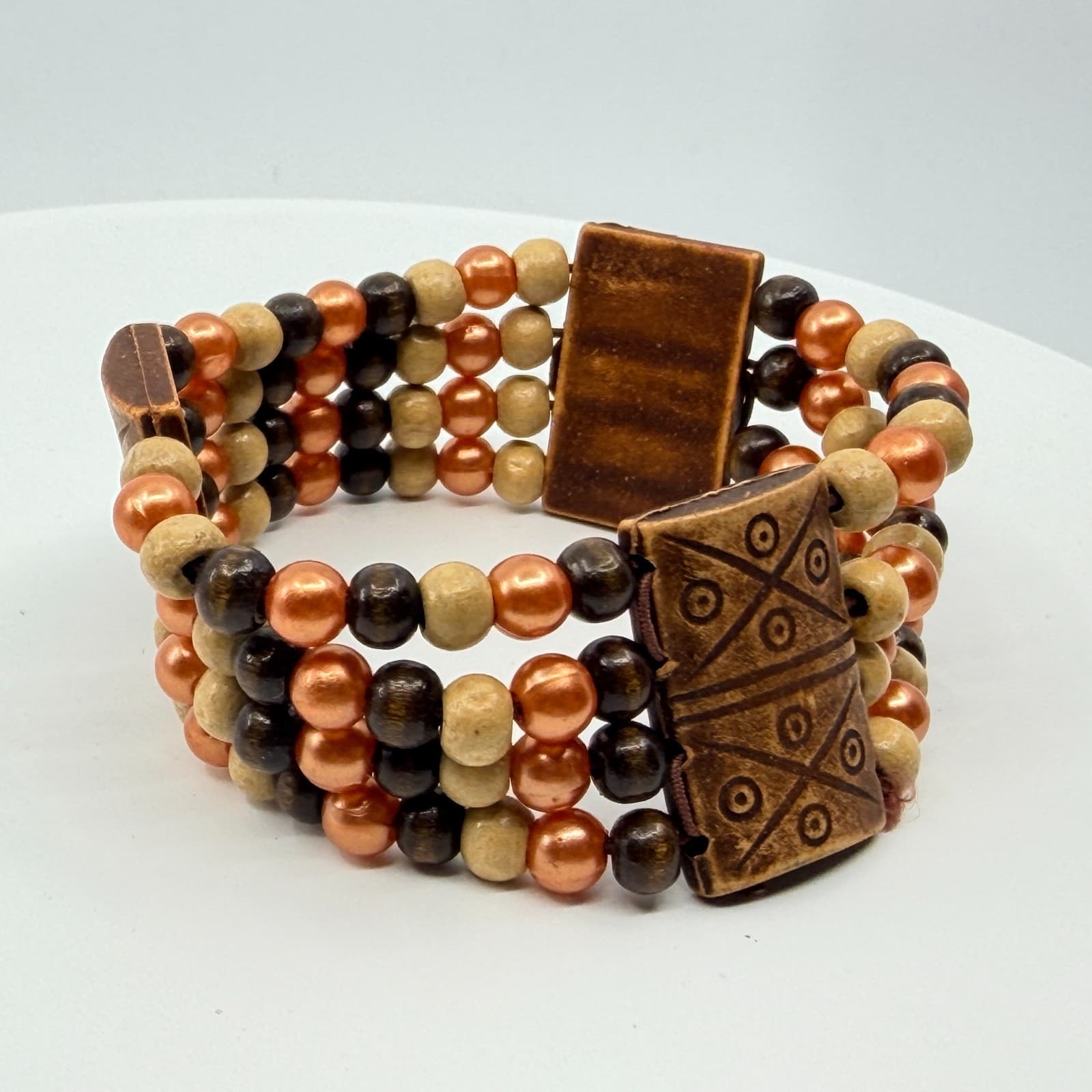 Vintage Multi Strand Wood Bead Cuff Bracelet Brown Copper Tone Tribal Boho Retro - Thumbnail 6