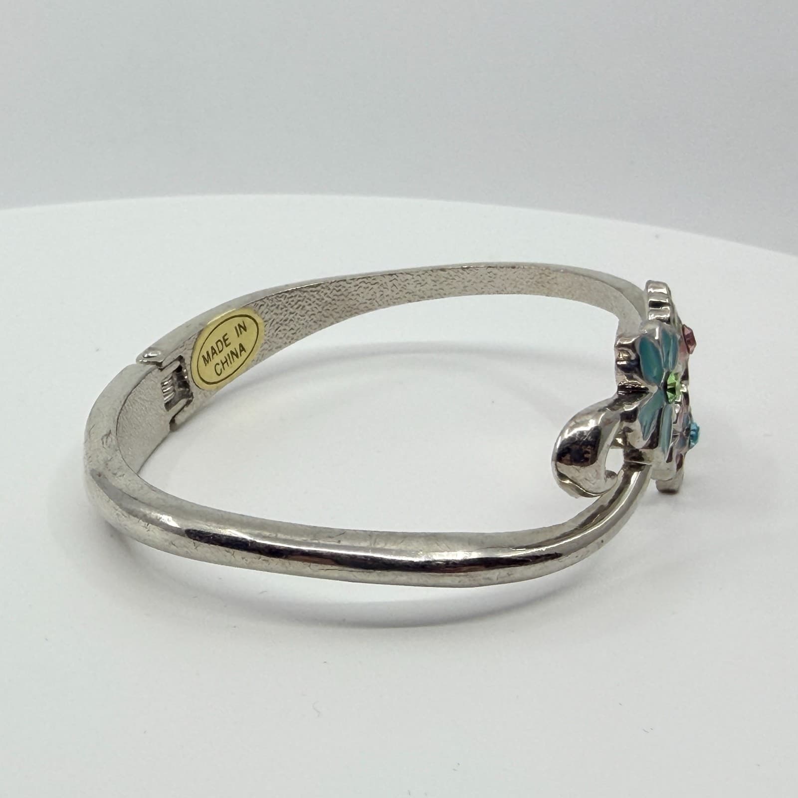 Vintage Y2K Silver Tone Enamel Floral Hinge Bangle Bracelet Colorful Rhinestones - Thumbnail 7