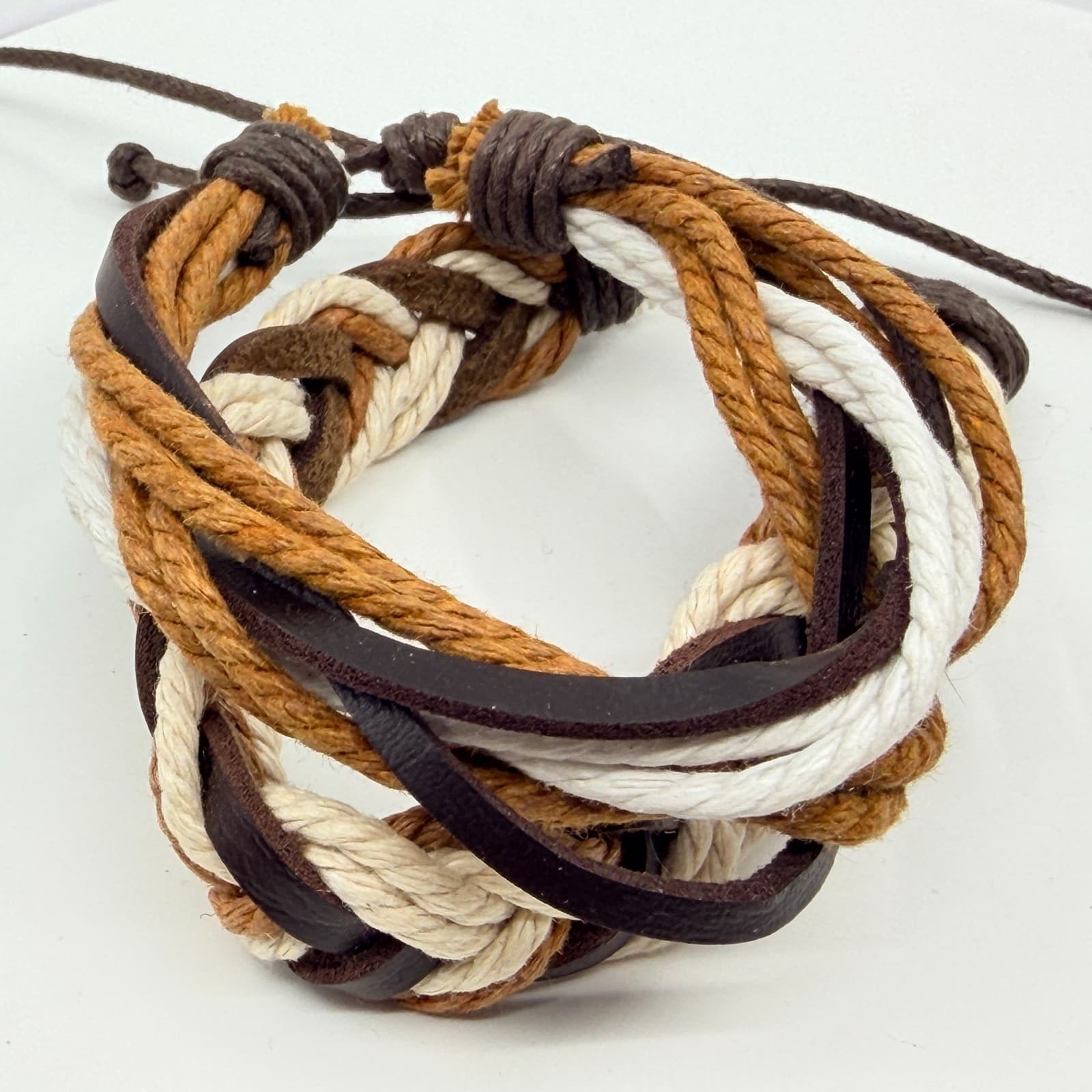 Vintage Boho Multi Strand Leather Rope Bracelet Brown Cream Stacked Unisex Retro - Thumbnail 7