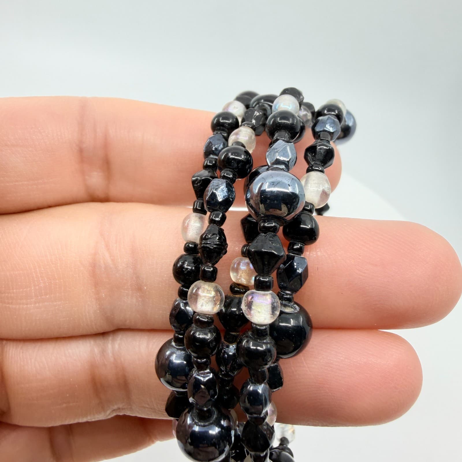 Vintage Y2K Black Gunmetal Clear Beaded Multi Layer Wrap Memory Wire Bracelet - Thumbnail 7