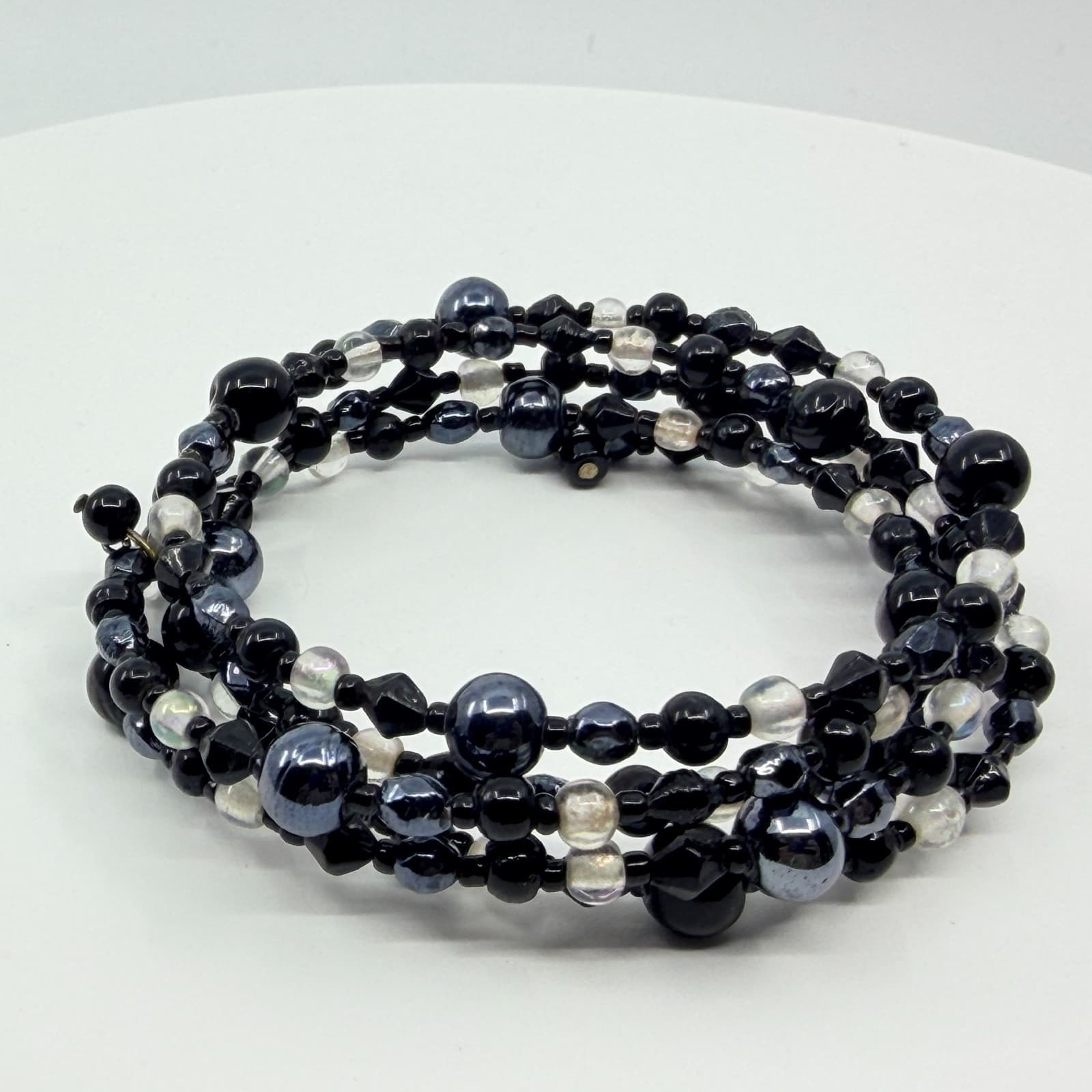 Vintage Y2K Black Gunmetal Clear Beaded Multi Layer Wrap Memory Wire Bracelet - Thumbnail 4