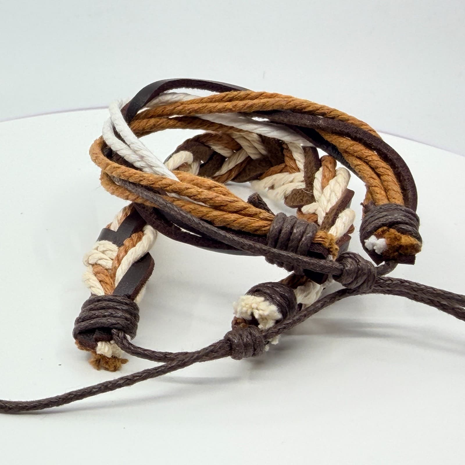 Vintage Boho Multi Strand Leather Rope Bracelet Brown Cream Stacked Unisex Retro - Thumbnail 9