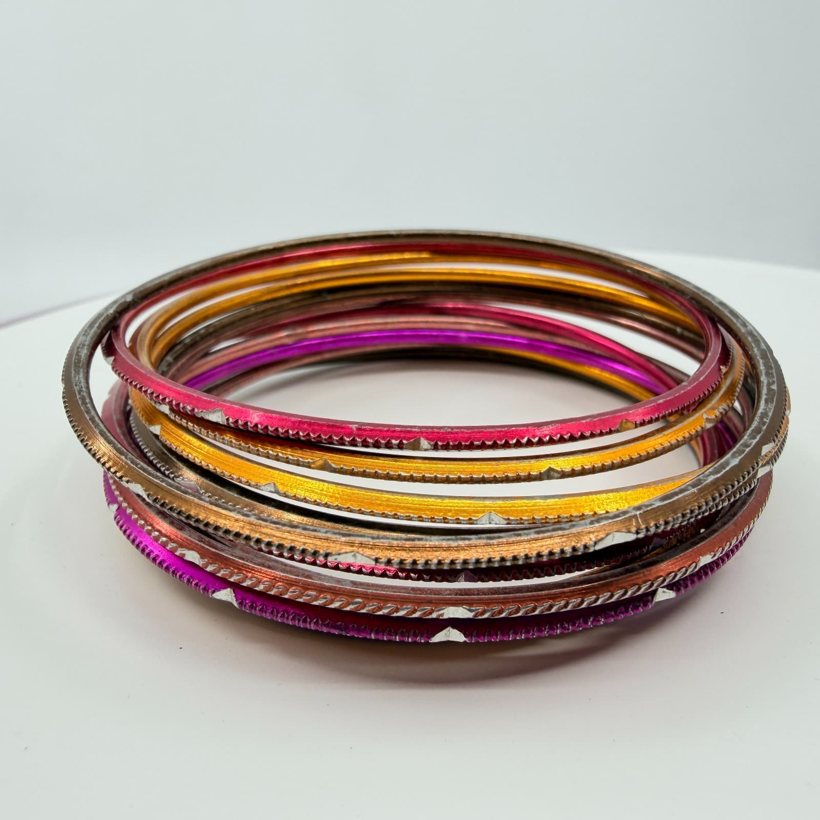 Vintage Y2K Colorful Textured Metal Bangle Bracelets Set Pink Orange Stack 12pc - Thumbnail 6
